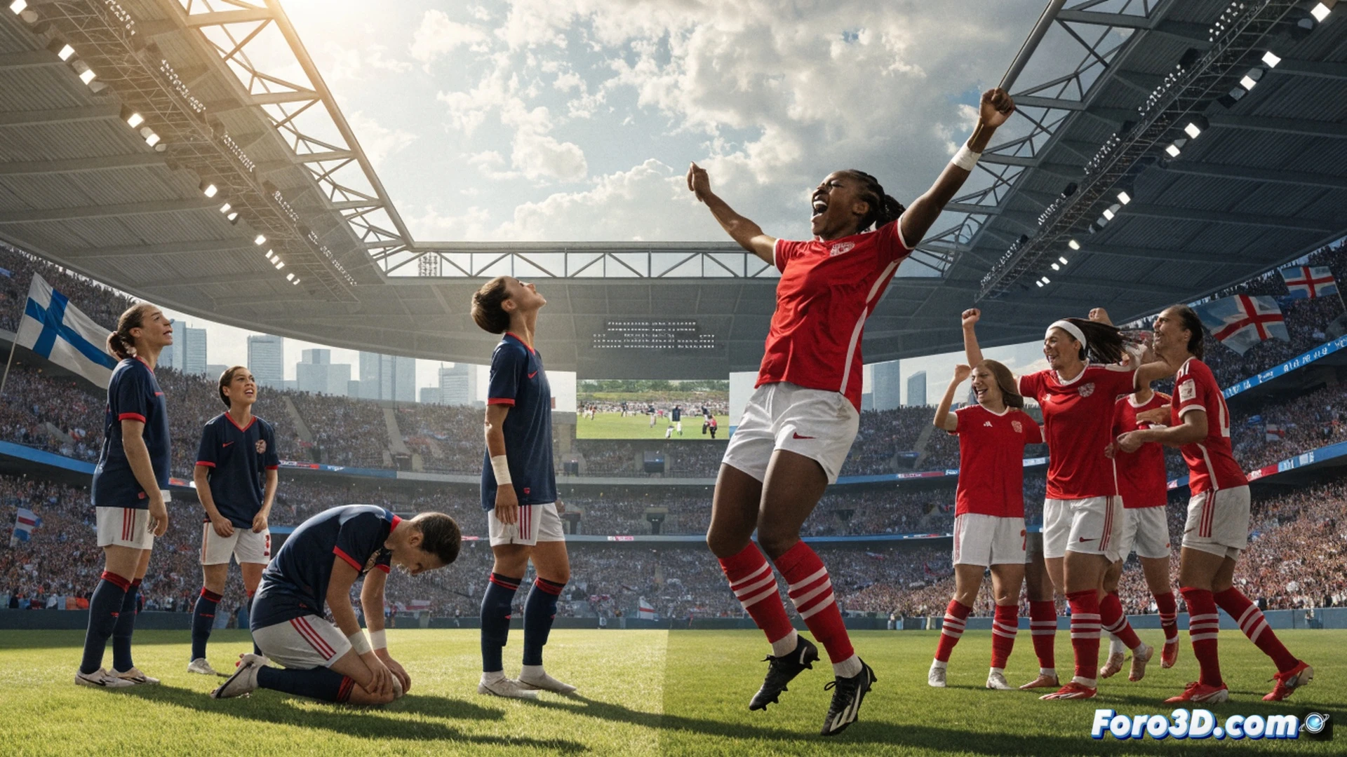 football match action scene, team in red jerseys defending against attacking opponents in white, ball flying towards goal net during a 3-0 defeat moment, coach on sideline with tense expression holding tactical clipboard, stadium stands with subdued crowd, scoreboard visible but with no text or numbers, cinematic sports photography style, dynamic motion blur on players legs and ball, dramatic overcast stadium lighting, realistic grass texture and jersey fabric details, photorealistic sports broadcast visual
