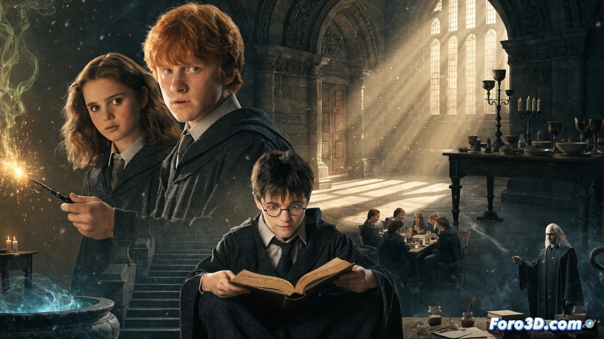 three young wizards walking through a dim Hogwarts corridor, wands raised casting soft glowing spells, golden light illuminating ancient stone walls and moving portraits, open spellbook floating beside them with parchment pages turning, technical cinematic visualization with detailed magical energy particles streaming from wand tips, shadows from torchlight creating dramatic depth, intricate gothic architecture with arched windows showing night sky, photorealistic fantasy render, ultra-detailed textures on robes and stone, volumetric lighting through dust motes, slow-motion action capturing spellcasting process