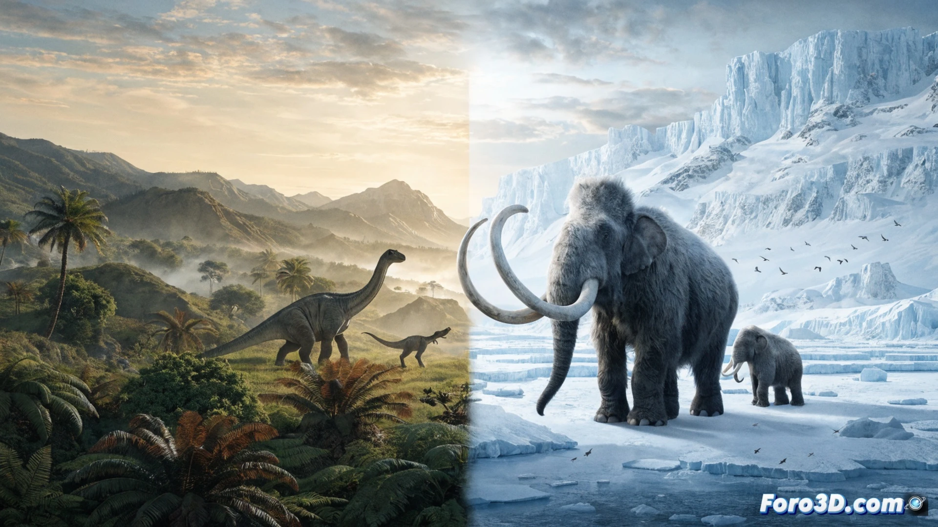 Photorealistic scene of a prehistoric landscape transforming over millions of years, a massive dinosaur skeleton gradually buried by sediment layers while a geological timeline visual effect shows rock strata forming, a glowing holographic display floating above the ground demonstrating continental drift and climate shifts, cinematic lighting, ultra-detailed fossil textures, dramatic dust particles in the air, motion blur on shifting tectonic plates, educational visualization style, soft warm sunlight contrasting with deep shadowed canyon walls