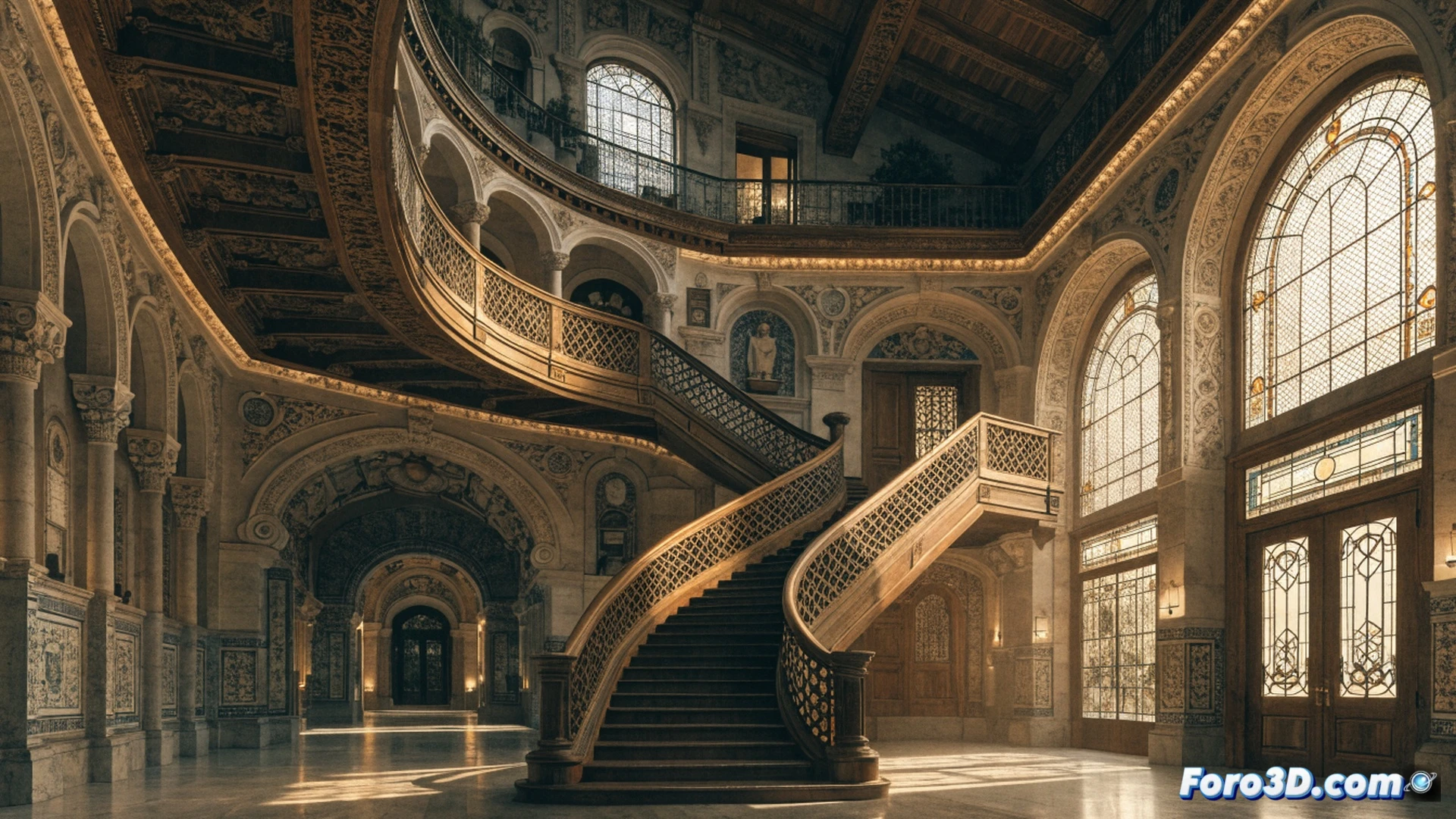 fachada modernista del Palacio de Longoria iluminada por luz dorada de atardecer, puerta principal de hierro forjado abierta mostrando escalinata interior, visitantes subiendo escaleras mientras observan molduras florales y vidrieras coloristas, documento histórico expuesto sobre atril de madera en sala restaurada, paredes con yeserías ornamentadas y lámparas de araña encendidas, estilo cinematográfico photorealistic, texturas de mármol y madera tallada nítidas, profundidad de campo suave, luz natural entrando por ventanales altos, atmósfera de redescubrimiento patrimonial