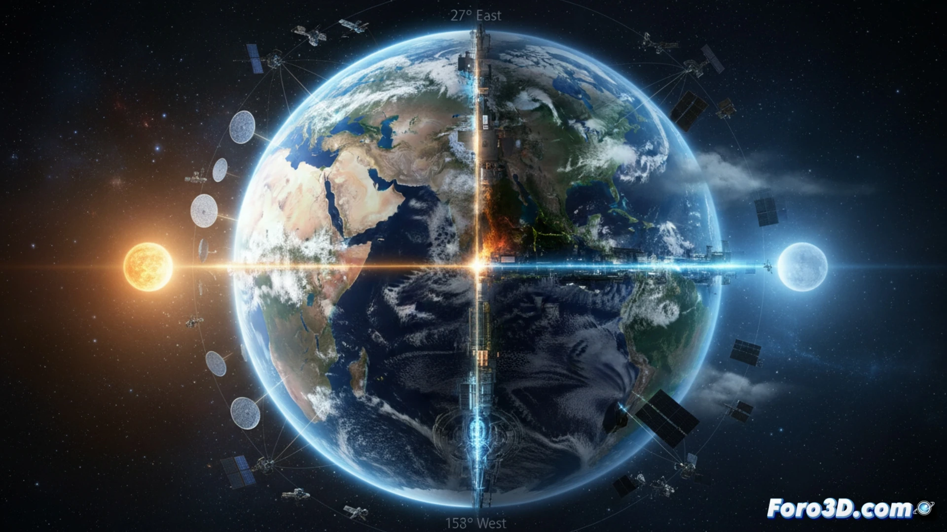 Earth globe split along 27th east and 153rd west meridians, two hemispheres with equal reflectivity highlighted by glowing silver arcs, solar geoengineering satellite in orbit projecting precise laser beams toward both halves, atmospheric layers showing unequal sunlight reflection patterns, engineers analyzing holographic climate simulation with floating data nodes, digital twin model demonstrating regional temperature variance, cinematic technical illustration, photorealistic volumetric lighting, deep space background with Earth illuminated by artificial solar mirrors, ultra-detailed orbital mechanics visualization