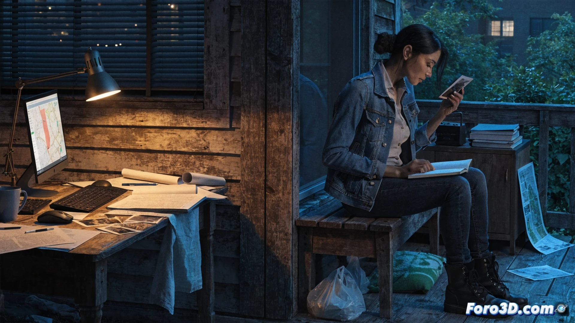 medium shot of a dimly lit living room turned into a makeshift investigation center, a middle-aged woman staring at a laptop screen displaying an open-source mapping software with red pins marking locations, scattered printed satellite images and handwritten notes on a wooden table, a smartphone with a flashlight app illuminating a paper map, empty coffee cups and a worn-out backpack nearby, cinematic photorealistic style, dramatic shadows from a desk lamp, cluttered desk with technical gear, exhausted yet determined expression, realistic textures of paper and plastic, deep blue and amber color palette, hyper-detailed domestic workspace