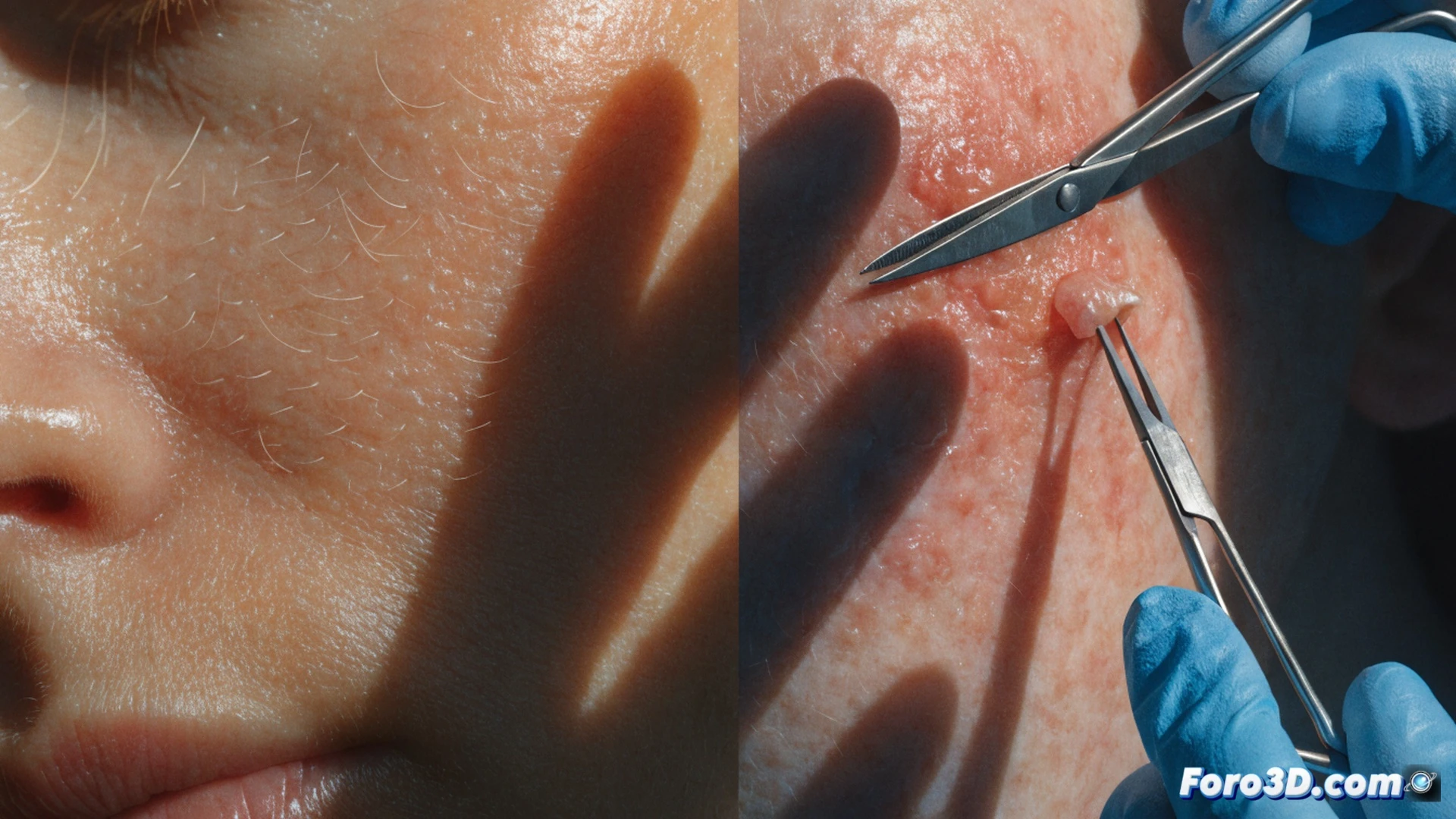 dermatoscope examining a suspicious mole on a patient’s forearm during a skin check, while a surgeon in the background marks a basal cell carcinoma on a face for excision, hospital examination room with medical monitor displaying magnified skin layers and tumor margin, natural light from window casting a shadow across the patient’s arm, illustrating sun protection concept, photorealistic medical illustration, clinical white and blue lighting, sharp focus on dermatoscope lens and surgical marking pen, sterile instruments tray visible, realistic skin textures and shadow contrast, cinematic technical visualization