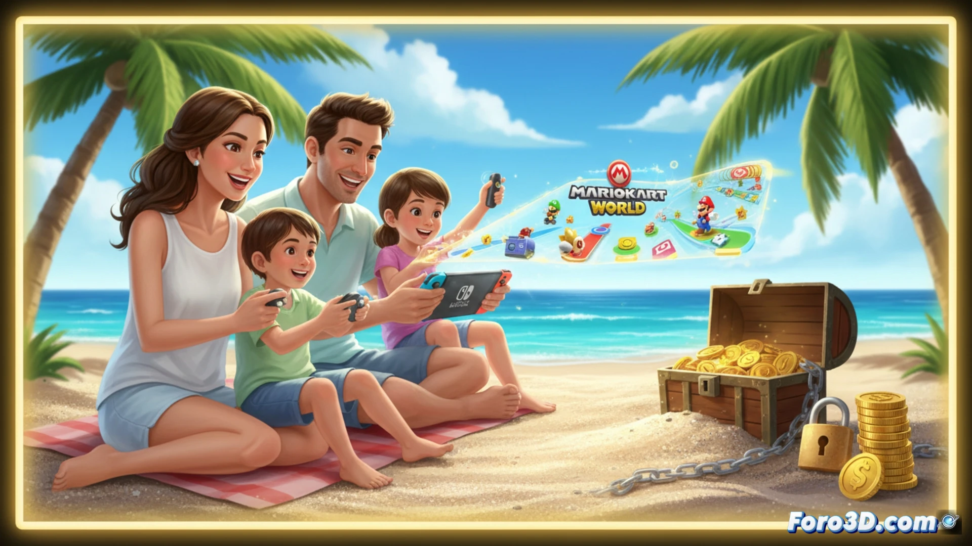 Nintendo Switch 2 abierta en una playa soleada, polvo de arena levantándose mientras el dispositivo se desliza sobre una toalla, reflejos de luz solar en la pantalla mostrando un circuito impreso y disipador térmico expuestos, componentes metálicos brillando con calor residual, engranajes internos visibles durante un proceso de ensamblaje virtual, herramientas técnicas como un destornillador de precisión y un multímetro digital apoyados en la arena, contraste entre el ambiente vacacional y la ingeniería fría, visualización cinemática hiperrealista, iluminación dramática con sombras duras, texturas de plástico y metal ultra detalladas, estilo fotorealista de catálogo técnico
