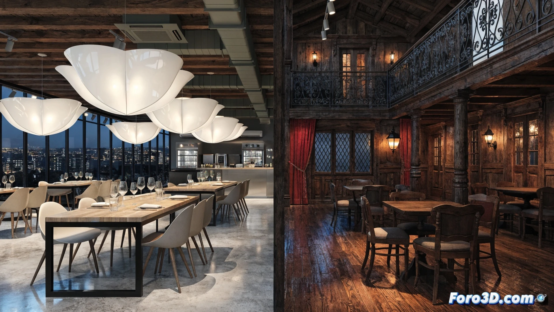 split interior of a historic tavern with two contrasting zones, left side shows warm wooden bar with locals enjoying tapas and wine under soft amber lighting, right side reveals modern cocktail lounge with neon accents and young guests at high tables, central dividing archway frames both scenes simultaneously, patrons moving between spaces, bartenders preparing drinks in each area, architectural renovation details visible like exposed brick and new fixtures, cinematic photorealistic style, dramatic chiaroscuro lighting, rich textures on wood and metal surfaces, dual atmosphere blending tradition and modernity, ultra-detailed interior design, professional architectural visualization