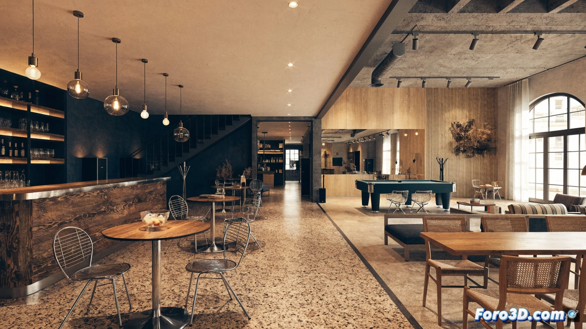 Dos ambientes contrastantes en un mismo local, mesa de madera con platos de tapas y jarras de cerveza artesanal en zona familiar, barra iluminada con luces cálidas y pantallas digitales mostrando carta interactiva, cocina abierta al fondo con chef preparando raciones mientras grupo de amigos conversa, mostrando proceso de revitalización social, estilo fotorealismo cinematográfico, iluminación dual con tonos ámbar y azul, texturas de ladrillo visto y acero, profundidad de campo con clientes en acción, ambiente acogedor de taberna moderna