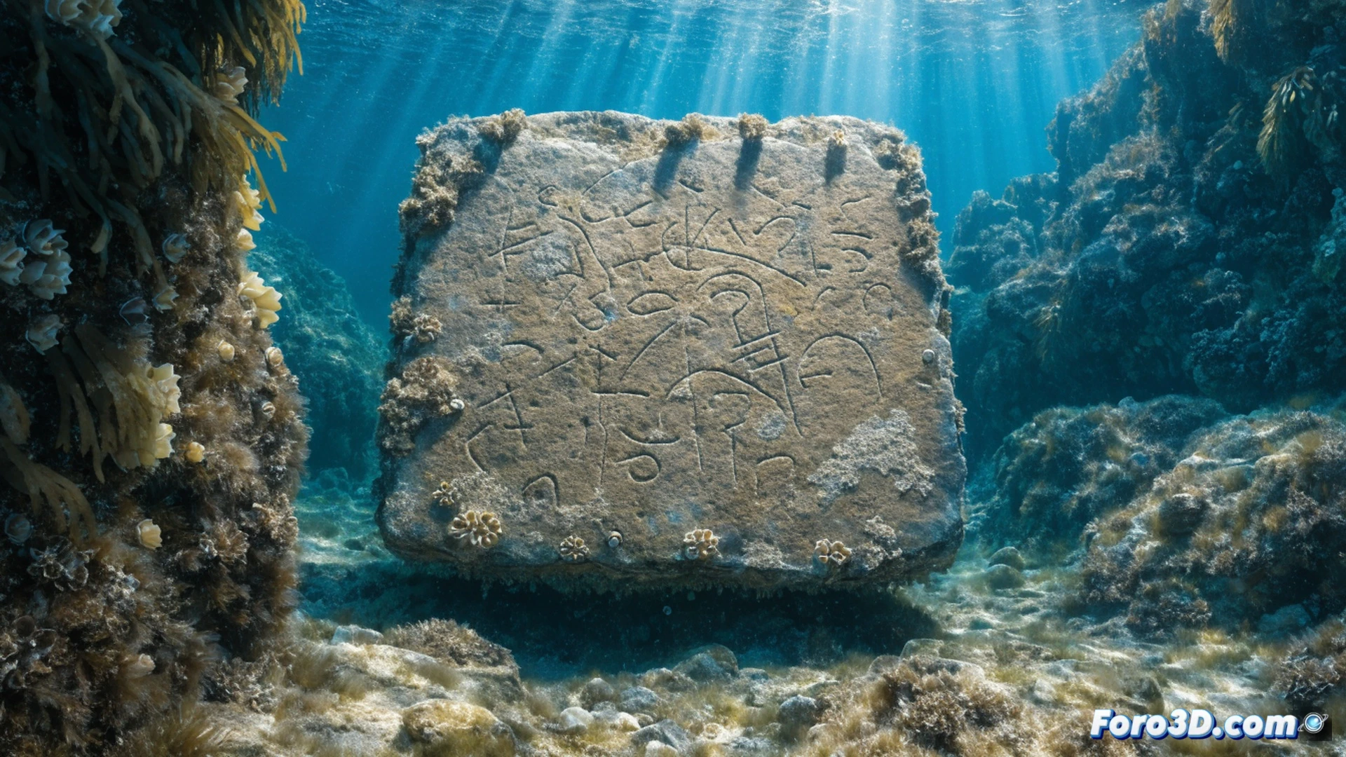 neolithic wooden tablet submerged in clear lake water, aquatic plants swaying around it, ancient carved symbols visible on waterlogged surface, archaeologist hand gently brushing sediment away during underwater excavation, sunlight filtering through water creating dappled light patterns, photorealistic cinematic underwater archaeology scene, 5200 BC artifact, scientific documentation lighting, sediment particles floating, macro detail of wood grain and carved grooves, dramatic natural illumination from above, technical illustration style