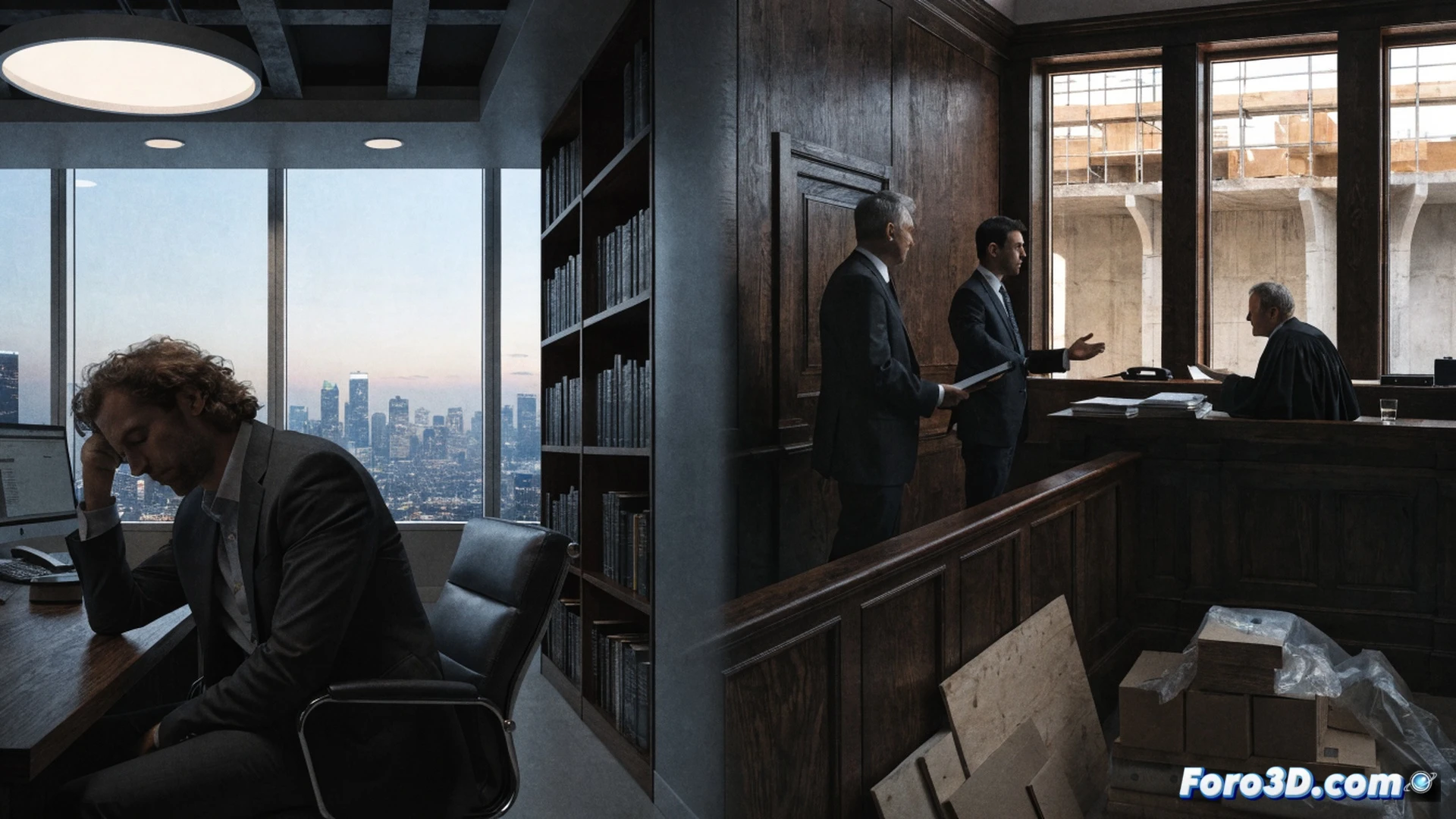cinematic wide shot of a grand courthouse hall, a politician in a suit secretly handing a stack of documents to a real estate agent while a judge and prosecutor observe from behind a glass partition, the agent’s laptop displaying a fake property contract with a hidden government seal, surveillance camera wires visible on the ceiling, dramatic chiaroscuro lighting, photorealistic architectural render, hyperdetailed textures on marble floor and leather briefcase, motion blur on the passing documents, tense atmosphere