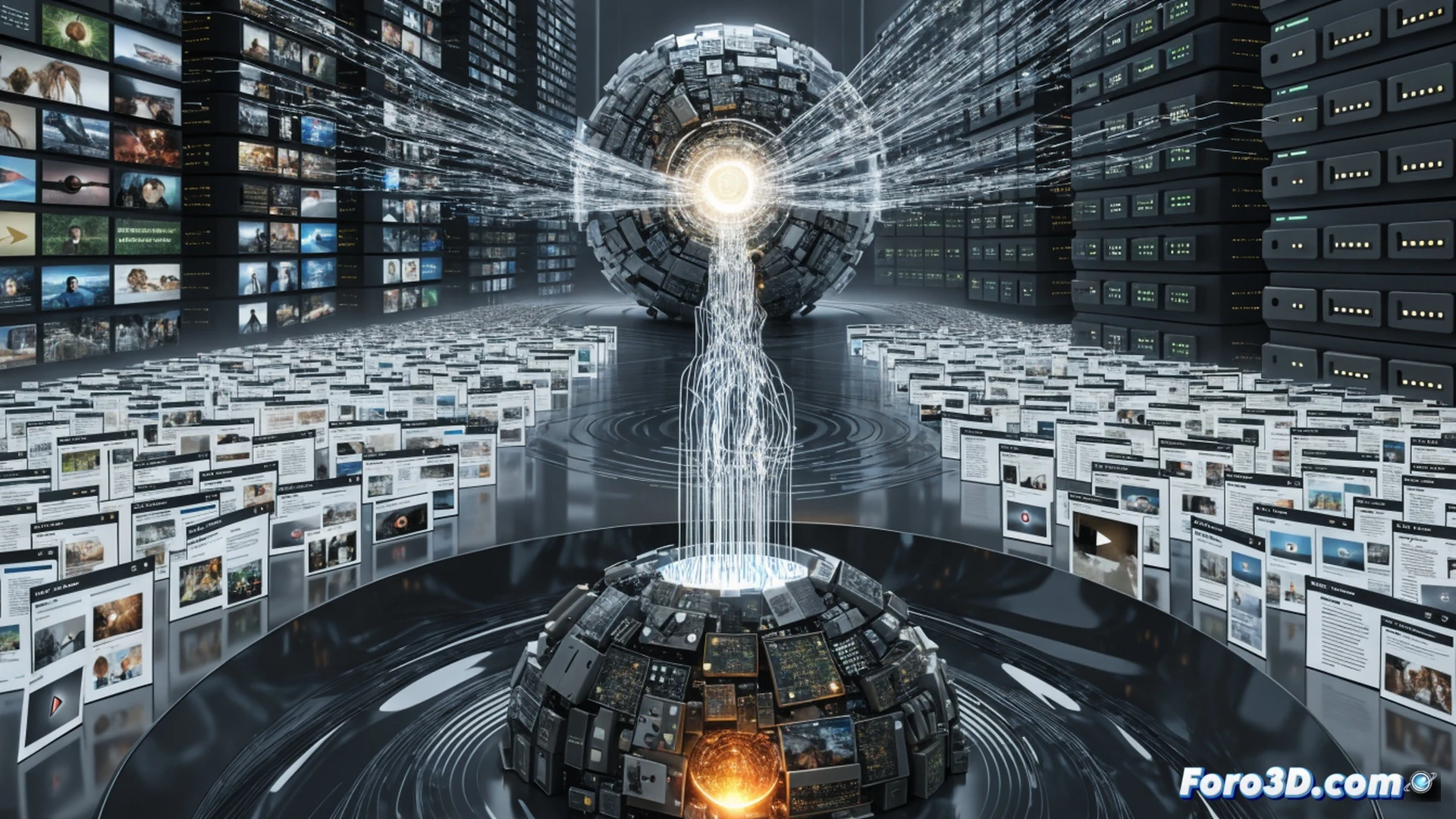photorealistic scene showing a giant metallic hand labeled as AI reaching into a newsroom, fingers gripping digital newspaper pages while a glowing data stream pulls readers away from the website screens, newsroom desks with monitors displaying fading headlines, journalists typing urgently but their content being absorbed into a black server rack labeled Big Tech, cinematic lighting with cold blue rays from server stacks contrasting warm orange desk lamps, smoke-like digital code floating between the hand and the newsroom, ultra-detailed texture on cables and keyboards, dramatic angle from floor level, technical illustration style