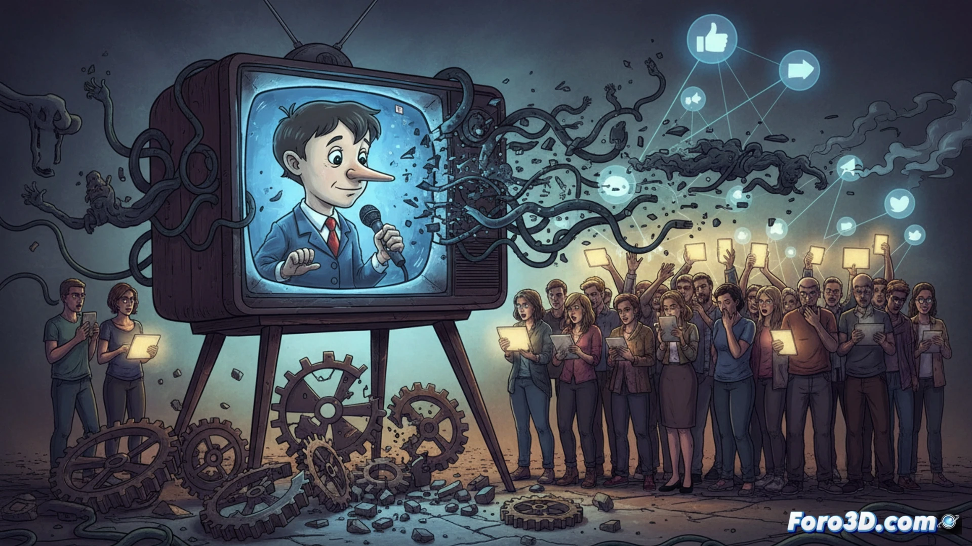 fragmented television screen displaying a news broadcast, cracks spreading across the glass, a hand holding a smartphone with social media comments overlapping the broken image, digital distortion waves emanating from the screen, cinematic photorealistic style, dark studio lighting with harsh blue and red glows, multiple reflection layers showing confused audience silhouettes, static interference patterns, ultra-detailed screen pixels and phone display, dramatic tension, technical visualization of media manipulation