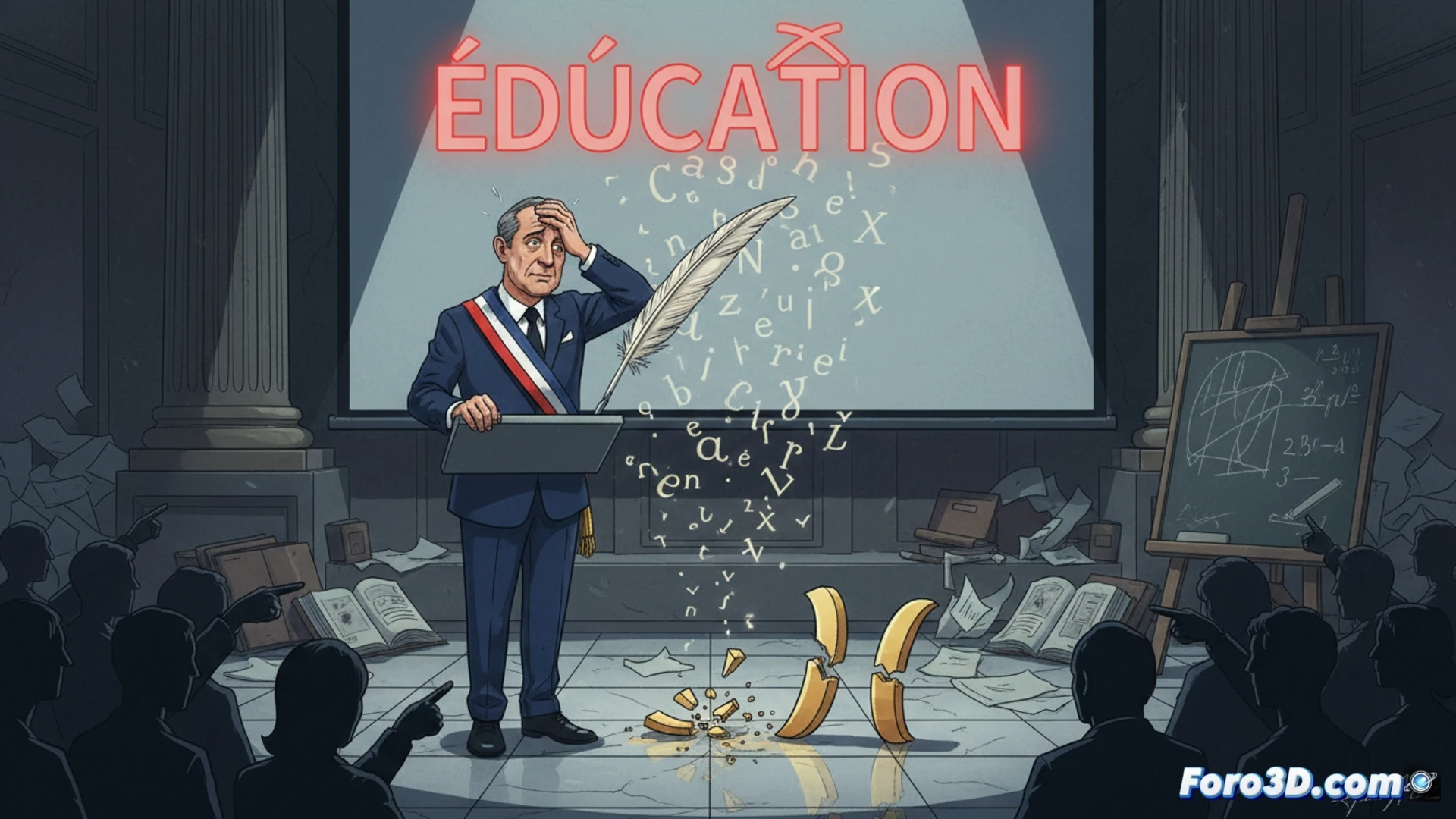French education minister in a live TV studio, hand paused mid-gesture while pointing at a large digital blackboard showing a grammar exercise, red correction marks glowing on the screen, a single misplaced accent mark highlighted with a harsh spotlight, students in the background watching from classroom desks, subtle hypocrisy visualized through shattered mirror fragments floating in the air reflecting his own spelling errors, cinematic photorealistic style, dramatic studio lighting, sharp contrast between polished suit and messy chalkboard, tension in the scene, ultra-detailed facial expression showing embarrassment, technical broadcast equipment visible, high-end editorial photography aesthetic