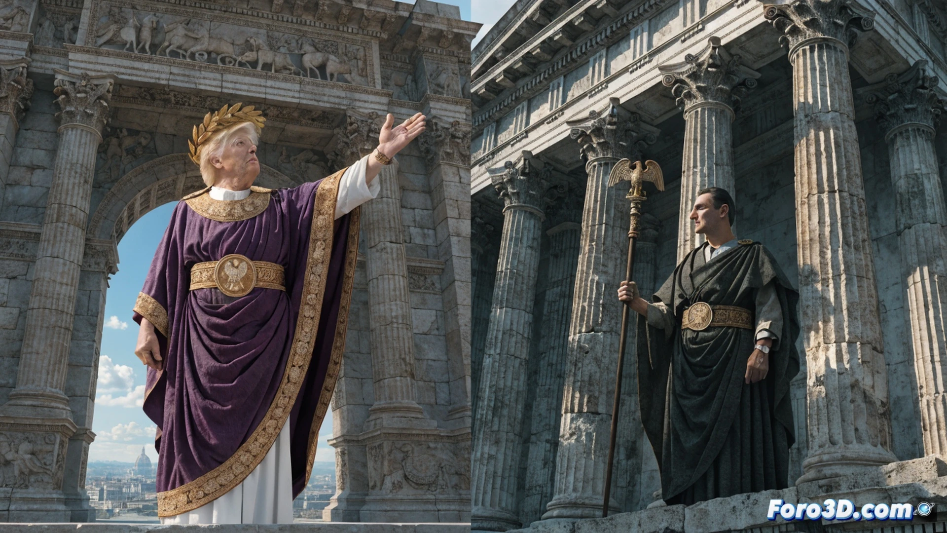 Roman marble bust of Julius Caesar cracking apart as a modern political hand grips a toga draped over it, fingers pressing into the stone surface, digital propaganda overlays of fasces and eagle symbols dissolving into the cracks, cinematic photorealistic technical illustration, dramatic chiaroscuro lighting from a single spotlight, marble texture with realistic chipping, hand veins visible, shadows emphasizing authoritarian tension, ultra-detailed stone grain and fabric folds, museum-like dark background