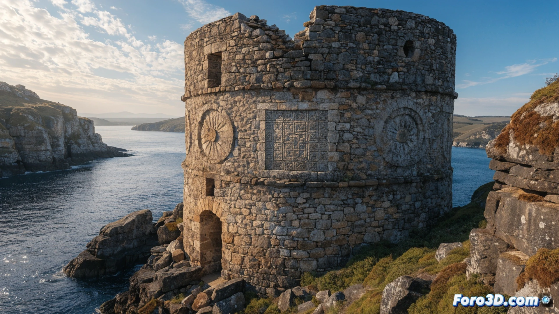 Ancient stone cylindrical tower in dense fog, weathered granite blocks showing Celtic and Norse carving patterns, archaeologists examining base with ground-penetrating radar equipment, medieval tools scattered on grass, oak trees framing the scene, cinematic photorealistic style, dramatic overcast lighting, mist swirling around upper arches, detailed stone texture with moss and lichen, 17th century colonial settlement visible in distant background, mysterious atmosphere, ultra-detailed architectural elements, golden hour light breaking through clouds, technical illustration quality