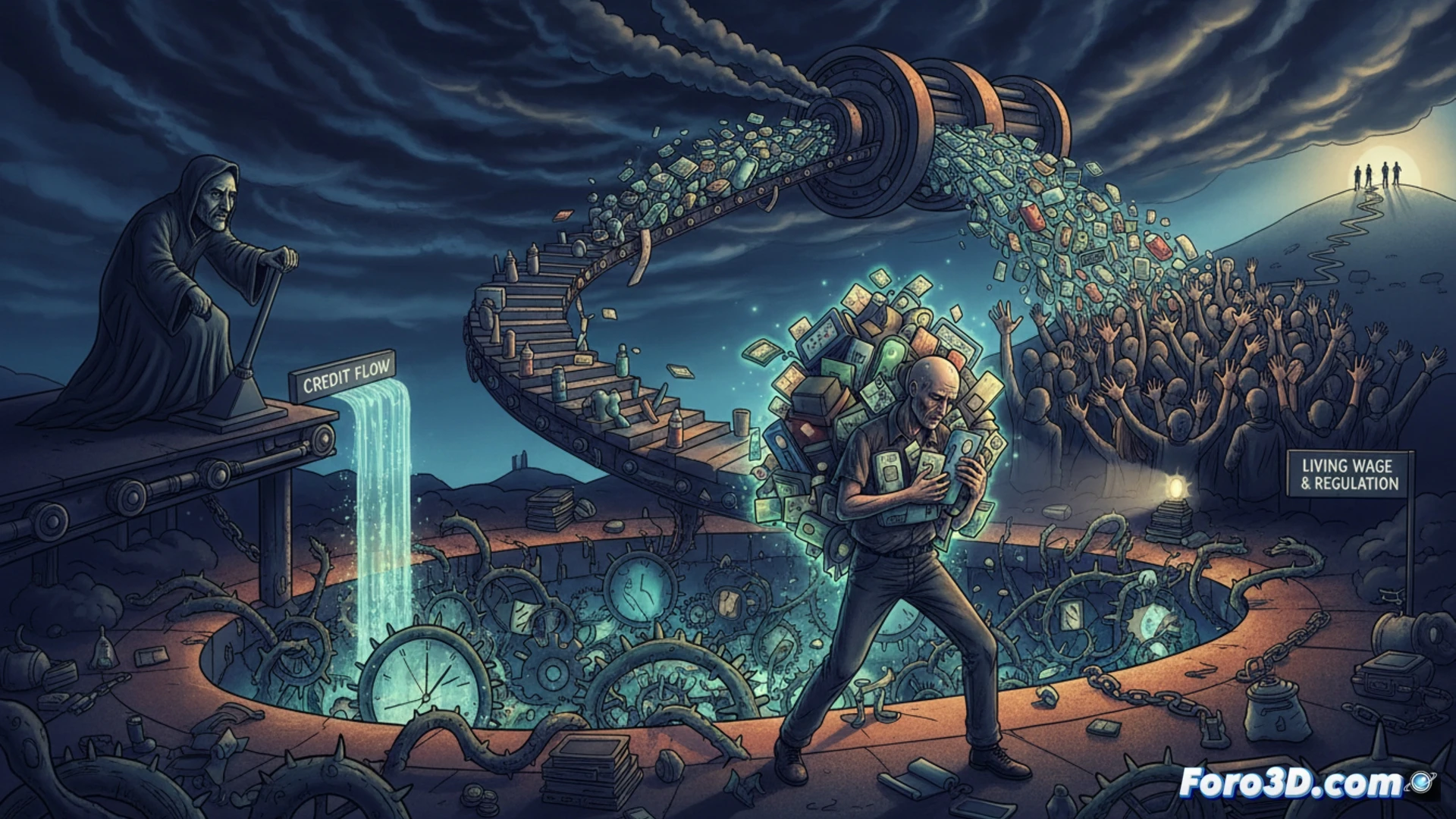 photorealistic scene of a person trapped inside a giant credit card cage, chains made of interest rate formulas wrapping around their wrists and ankles, small shopping bags and receipts piling up at their feet, while a digital screen above shows a countdown clock with a glowing red zero, broken salary coins falling into a bottomless pit beside them, cinematic lighting, dark moody atmosphere, metallic reflections on the cage bars, realistic textures of plastic and metal, ultra-detailed financial symbols embedded in the chains, dramatic shadows, technical illustration style