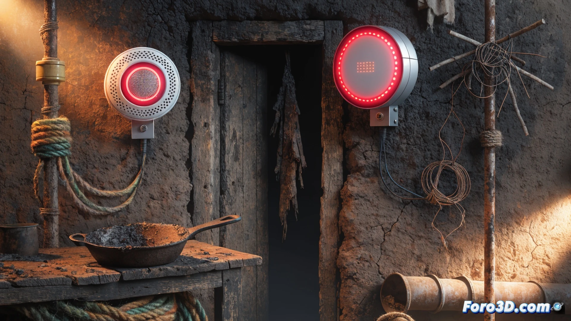 photorealistic technical illustration of a fragile wooden ceiling with exposed frayed electrical wires sparking near a plastic smoke detector, a cheap battery-powered detector lies broken on the floor while a premium smart detector hangs untouched on the wall, cracked plaster walls, visible water stains, dim ambient light from a single bare bulb, dramatic shadows, cinematic wide shot showing the contrast between expensive safety device and decaying infrastructure, ultra-detailed textures of peeling paint and corroded wires, realistic industrial lighting emphasizing the irony of prevention as a luxury, engineering visualization style