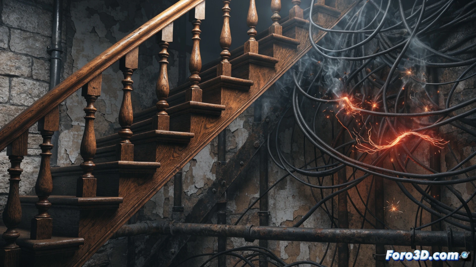 Realista fotográfico, interior de un piso antiguo de alquiler, un electricista sosteniendo un comprobador de voltaje frente a un cuadro eléctrico abierto, cables pelados y oxidados visibles, empalmes de cinta aislante desgastados, un inquilino mirando preocupado desde el fondo, luz de una linterna iluminando el panel polvoriento, fusibles obsoletos y conexiones sueltas, ambiente tenso y descuidado, detalles de corrosión en los bornes, estilo cinematográfico de documental técnico, sombras dramáticas, textura de yeso agrietado en la pared.