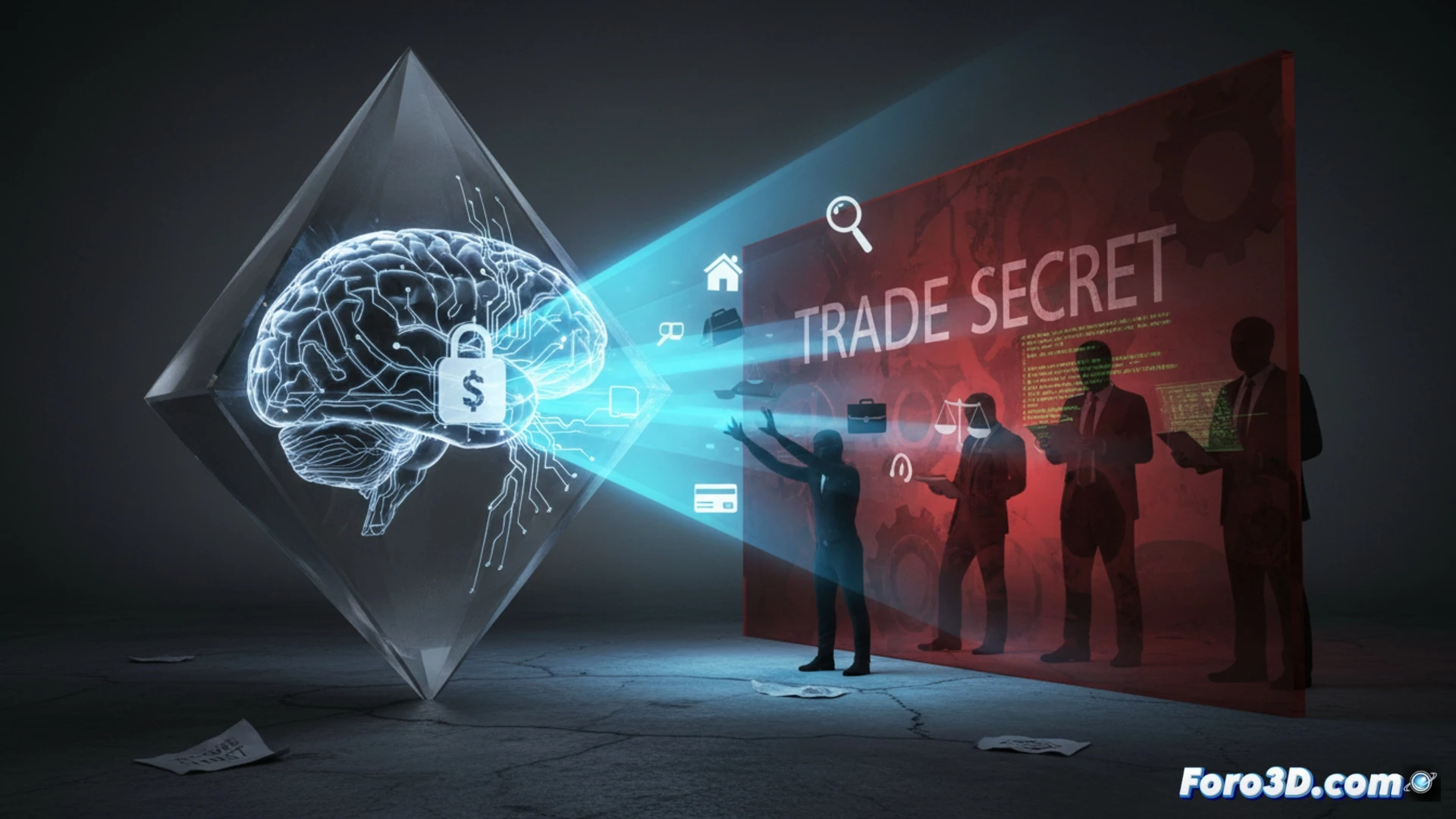 Photorealistic technical illustration, a massive transparent AI brain sculpture floating above a courtroom, cracked glass revealing hidden gears and binary code inside, while a judge’s gavel strikes the glass surface, sparks flying from the impact, a magnifying glass held by an unseen auditor scanning the brain’s surface, legal documents with redacted black bars scattered on a steel table, glowing blue data streams leaking from the cracks, dramatic chiaroscuro lighting, cinematic engineering visualization, ultra-detailed mechanical components, dark metallic and glass textures, sharp contrast between light and shadow