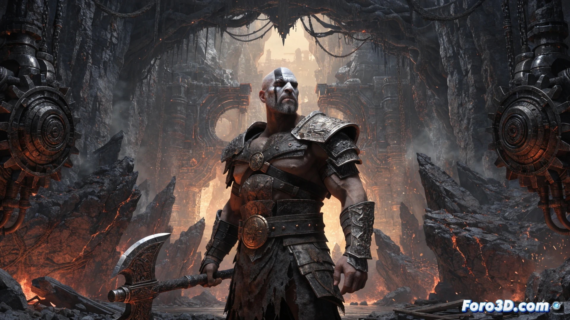 Kratos mitológico esculpido en piedra digital, con la textura de las cenizas blancas marcando su piel, mientras una mano robótica de renderizado 3D reconstruye su torso con polígonos dorados y azules, fragmentos de la PS5 flotando alrededor durante el proceso de remasterización, líneas de código brillante como venas en su brazo izquierdo, fondo de estudio técnico con monitores mostrando formas de onda de audio de TC Carson, iluminación dramática de cine, estilo cinematic photorealistic engineering visualization, detalles de hardware de consola expuestos, acción de reconstrucción digital en tiempo real.