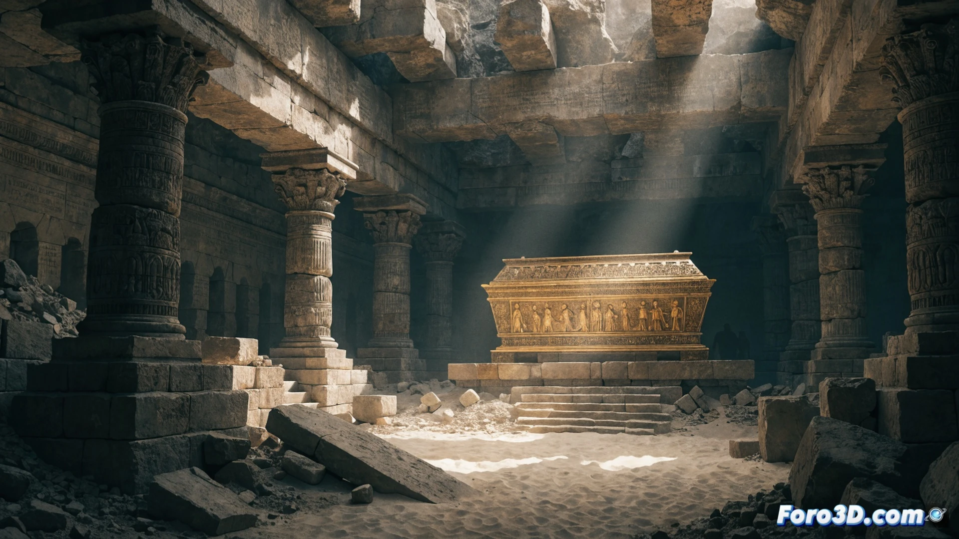 ancient sunken sarcophagus chamber in Alexandria, archaeologists using ground-penetrating radar scanning marble floor, holographic wireframe overlay revealing hidden burial structure below, broken limestone columns and scattered papyrus fragments, UV light revealing faded Greek inscriptions on wall, cinematic photorealistic archaeological visualization, dust particles floating in shaft of light, technical equipment including seismic sensors and 3D scanning tripods, dramatic amber and teal lighting, ultra-detailed stone textures, realistic historical decay