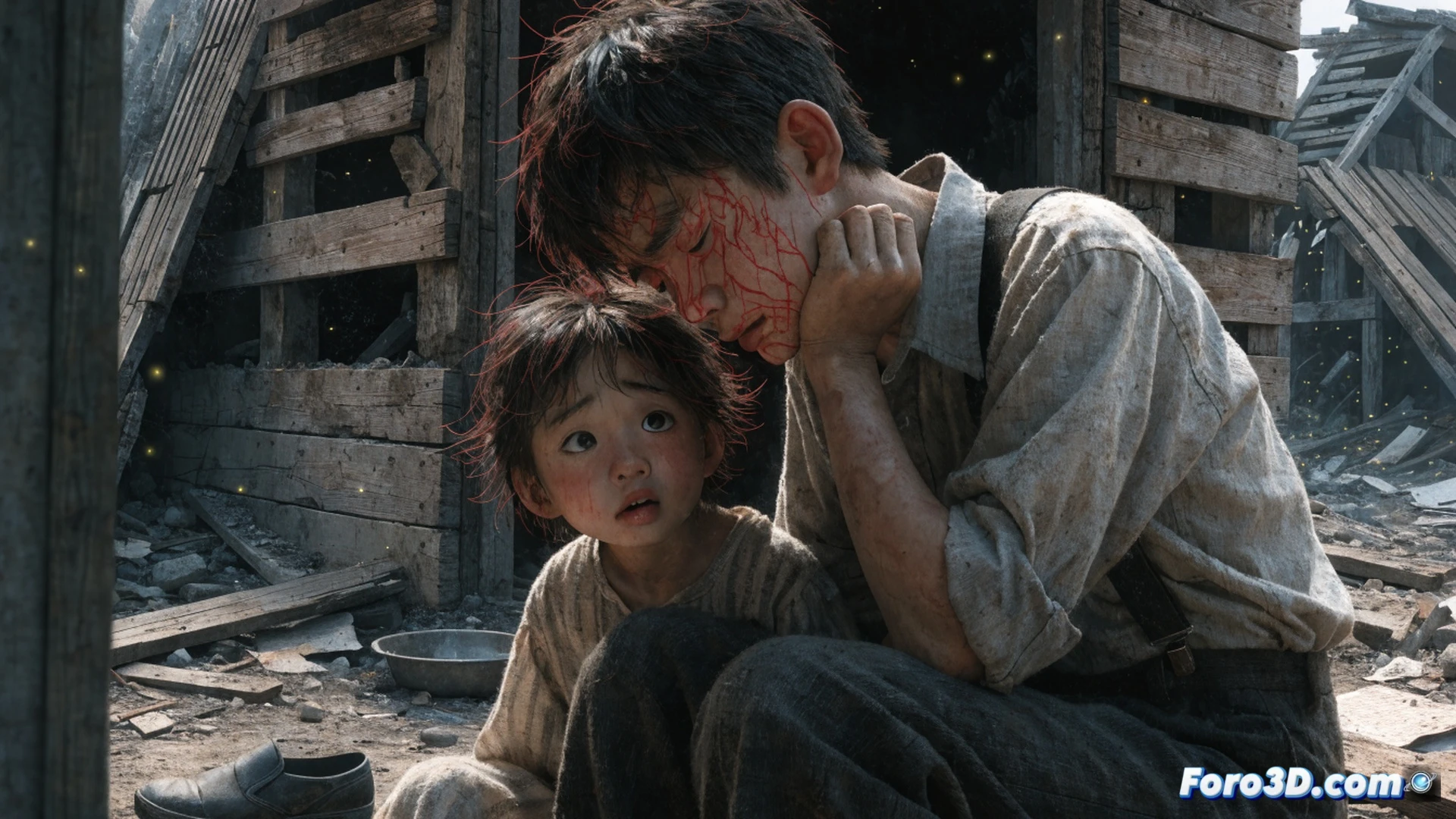 Cinematic scene inside a dark film editing room in 1980s Tokyo, a worn 16mm film reel being examined under a magnifying lamp, frames showing unfinished black and red ink sketches of a starving boy and his sister, rough charcoal lines and blood-red strokes visible on the celluloid strip, a pair of white cotton gloves holding the film, scattered editing tools and a Moviola viewer on the wooden table, dust particles floating in a single beam of harsh white light, dramatic shadows emphasizing the raw and painful artistic process, photorealistic technical illustration, ultra-detailed film grain and emulsion texture, somber mood