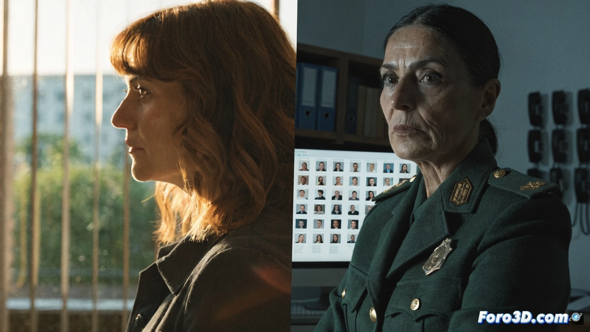 Guardia Civil UCO investigation scene, two female officers in uniform standing in a tense interior office, one holding a smartphone displaying leaked message screenshots, the other pointing at a file labeled UCO on a desk, glowing laptop screen showing an internal affairs database, surveillance camera in corner, folders and evidence photos scattered, cold blue institutional lighting, shadows cast on walls, professional photorealistic cinematic style, dramatic tension, ultra-detailed facial expressions, realistic police procedural environment, shallow depth of field