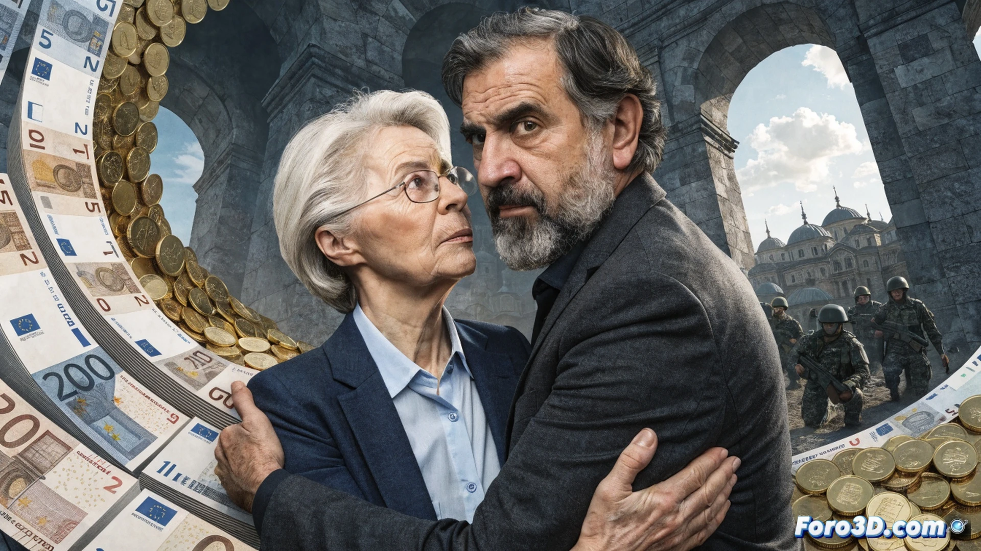European Commission president Ursula von Leyen shaking hands with Armenian prime minister Nikol Pashinyan inside a modern glass-walled government building, foreground showing a stack of euro banknotes and a tablet displaying trade route maps with EU flags, background window revealing Russian border checkpoint with closed barriers, cinematic photorealistic style, soft natural lighting from large windows, polished concrete floor reflecting the scene, diplomatic atmosphere with subtle tension, ultra-detailed facial expressions and fabric textures, shallow depth of field
