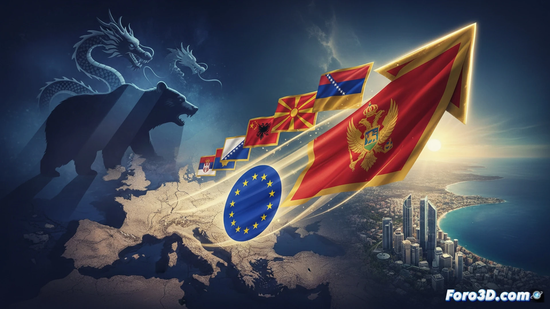 European Union flag raising ceremony in Montenegrin government building, Balkan peninsula map projected on digital screen showing six candidate countries with Montenegro highlighted, EU officials shaking hands with Balkan leaders, modern conference room with glass walls overlooking Adriatic coast, geopolitical strategy visualization, holographic data streams showing 2028 accession timeline, diplomatic handshake close-up, EU stars symbol glowing above Montenegro map, photorealistic architectural render, cinematic lighting with warm sunset tones, technical wireframe overlays on map, professional diplomatic atmosphere, ultra-detailed textile textures on suits and flags