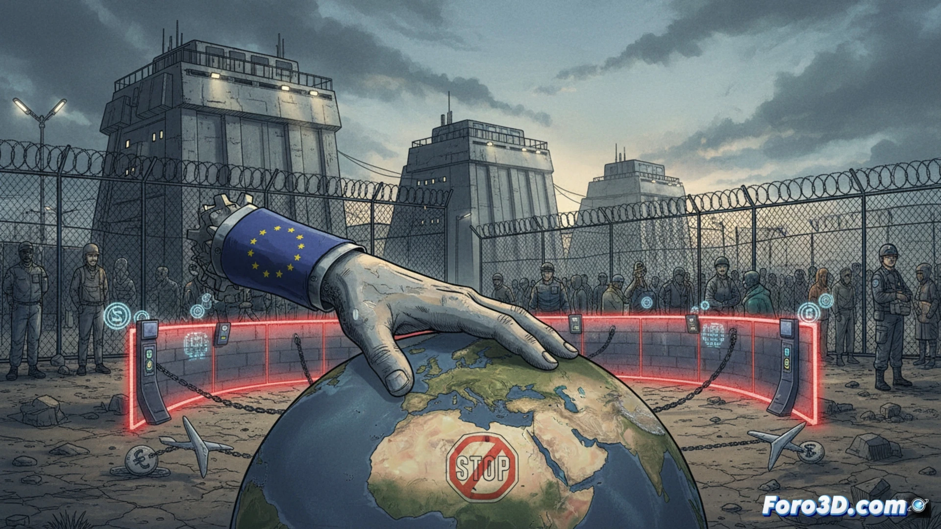 European Union border control center interior, biometric scanners processing fingerprints of detained individuals, uniformed officers reviewing digital deportation orders on holographic screens, reinforced steel doors with electronic locks, detention period countdown timers on walls, commercial pressure documents being stamped, photorealistic technical visualization, cold blue institutional lighting, sterile metallic surfaces, surveillance cameras monitoring every movement, industrial aesthetic, ultra-detailed security equipment, cinematic wide-angle perspective