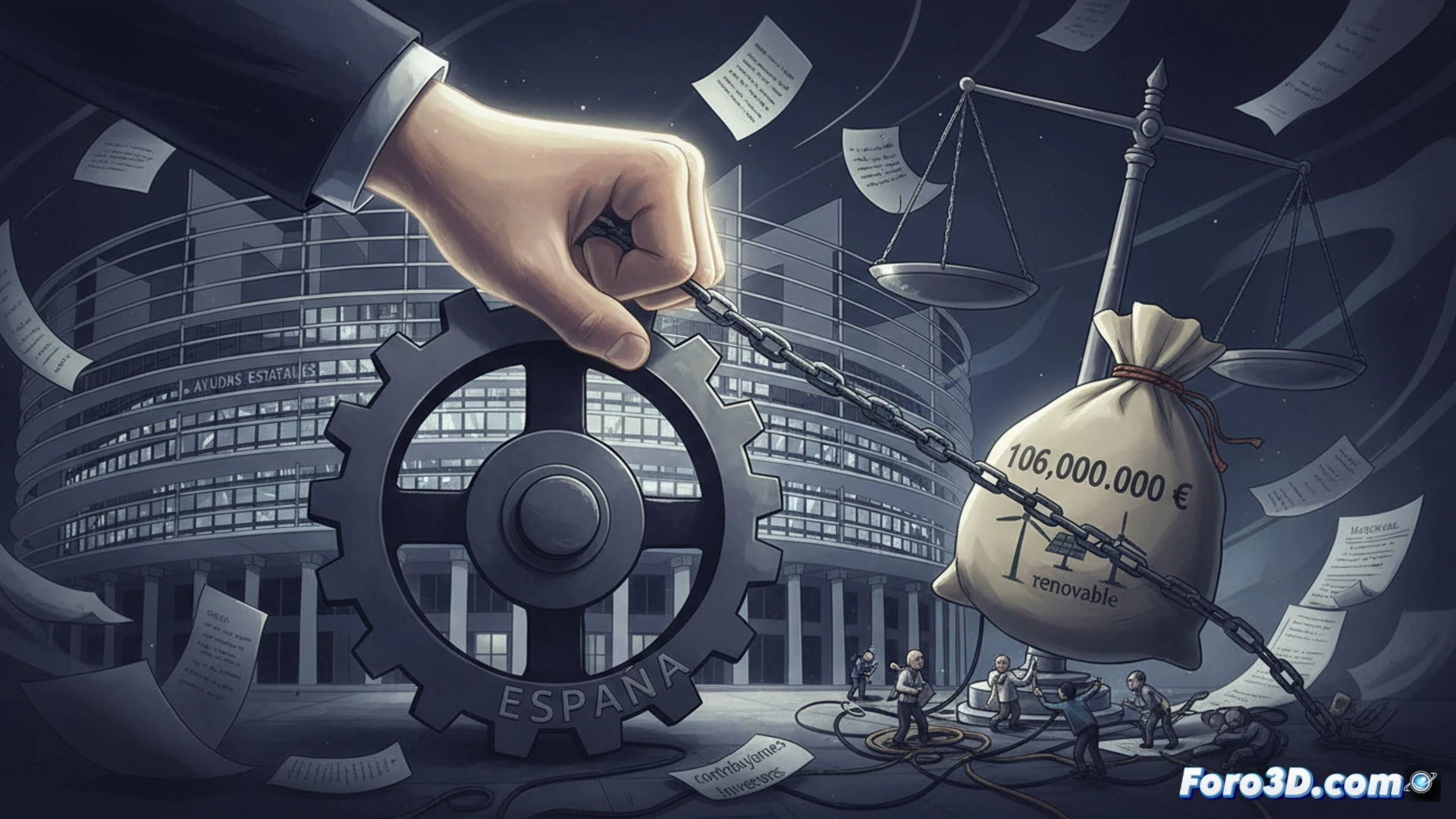 photorealistic technical illustration of a European Union official holding a payment document with 106 million euros amount, while a Spanish flag and a wind turbine blade are shown in the background, a legal arbitration gavel hitting a wooden block, broken solar panels and disconnected cables on a table, a calculator displaying blocked payment status, dramatic courtroom lighting, metallic textures, blue and gold EU color palette, cinematic engineering visualization, sharp shadows, ultra-detailed legal documents and energy infrastructure components, action of stopping payment process demonstrated by a red stop sign overlay on the cash flow diagram