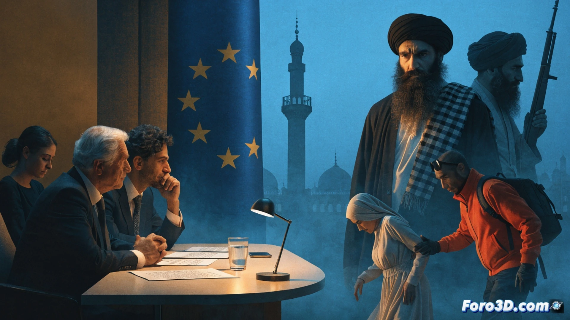 Taliban official signing deportation document with EU diplomat visible through bulletproof glass, handcuffed Afghan woman in burqa being led to plane in background, airport tarmac with EU flag and Taliban white flag on separate poles, photorealistic cinematic shot, cold blue-gray lighting, rain-slicked concrete, security forces in tactical gear watching, bureaucratic hypocrisy demonstrated through contrasting formal handshake and forced removal, ultra-detailed textures on leather briefcase and metal handcuffs, dramatic shadows emphasizing moral contradiction