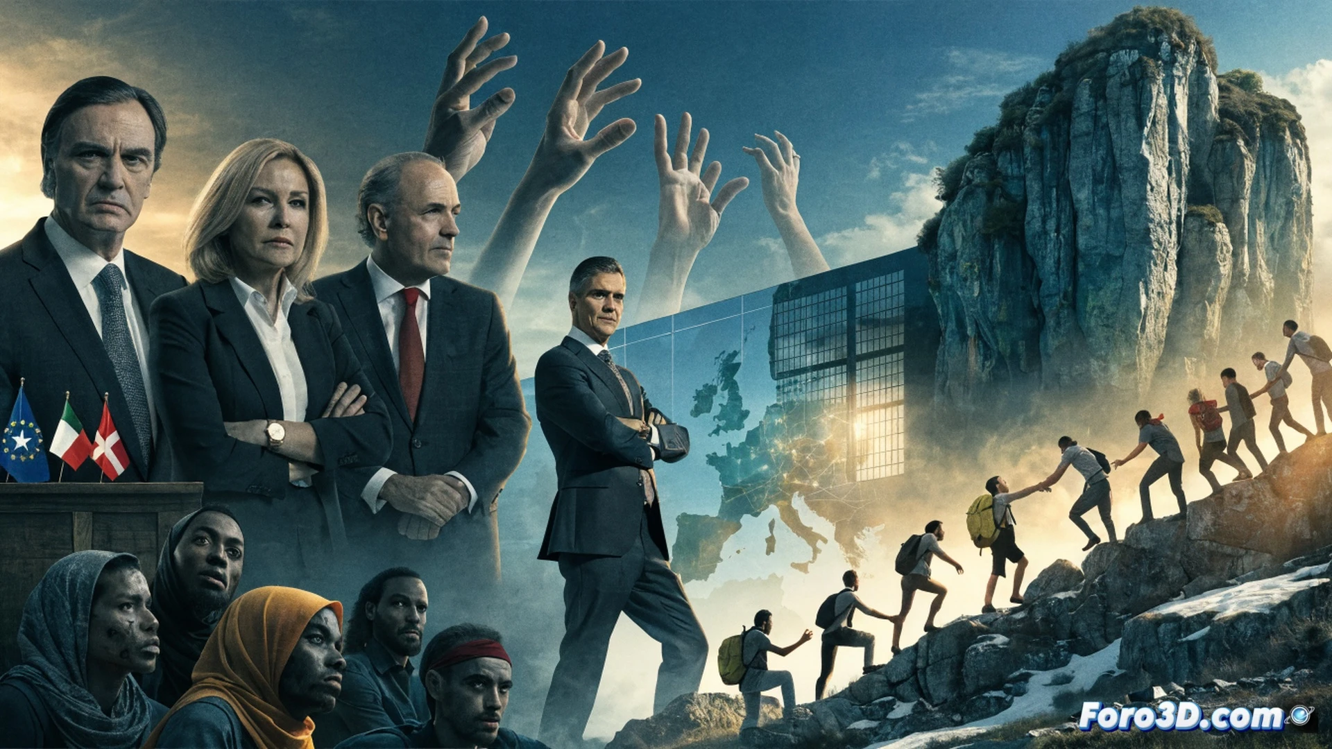 European Union officials in dark suits standing around a large digital map of Spain, red deportation center markers being crossed out with a red X, green integration pathways glowing across Spanish regions, Italian Belgian and Danish leaders pointing at the map with disapproving expressions, Spanish Prime Minister Sánchez gesturing toward a separate screen showing successful migrant employment statistics, modern Brussels meeting room with glass walls and European flags, technical illustration style, cinematic lighting with blue and amber tones, photorealistic political summit visualization, high detail on facial expressions and digital interfaces