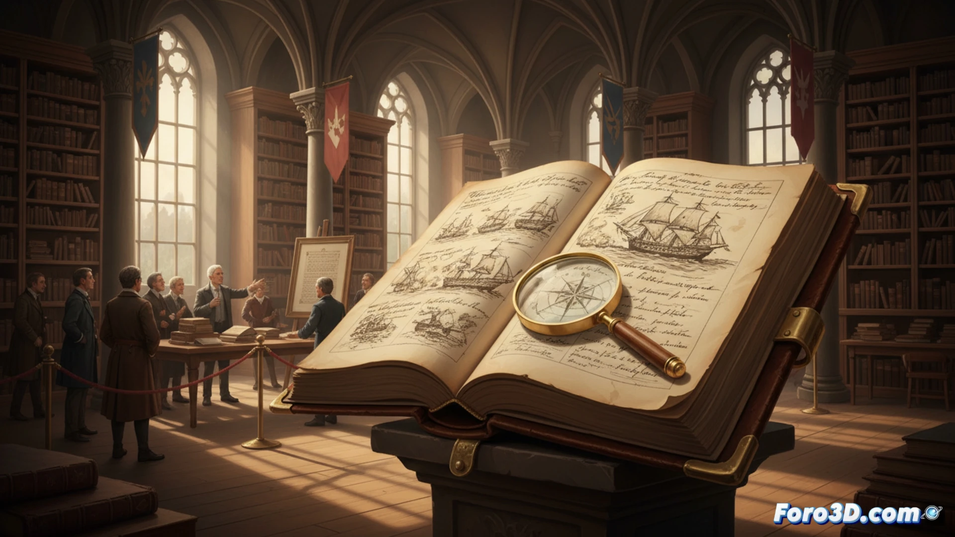 Archivo universitario abierto al público, conservador usando guantes blancos mostrando un cuaderno de bitácora antiguo de 1783 sobre una mesa de luz, página abierta con dibujos de barcos de guerra y anotaciones manuscritas, mapa de la batalla de Argel desplegado al lado, vitrinas con documentos históricos detrás, visitantes observando durante la jornada de puertas abiertas, estilo fotorealista cinematográfico, iluminación suave de museo, textura de papel envejecido, detalles de encuadernación en cuero, ambiente académico solemne