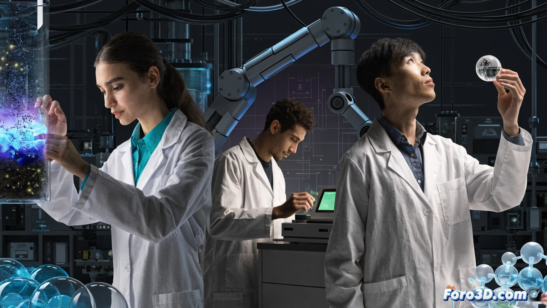 three young researchers in white lab coats examining holographic molecular models and data streams floating above a laboratory table, one scientist adjusting a microscope while another analyzes a glowing green plant sample, advanced robotic arm handling a petri dish, blue LED lights illuminating high-tech equipment, servers and monitors displaying climate data in background, cinematic photorealistic style, dynamic composition showing collaborative scientific process, bright clean modern laboratory environment, ultra-detailed glassware and electronic components, dramatic overhead lighting creating depth