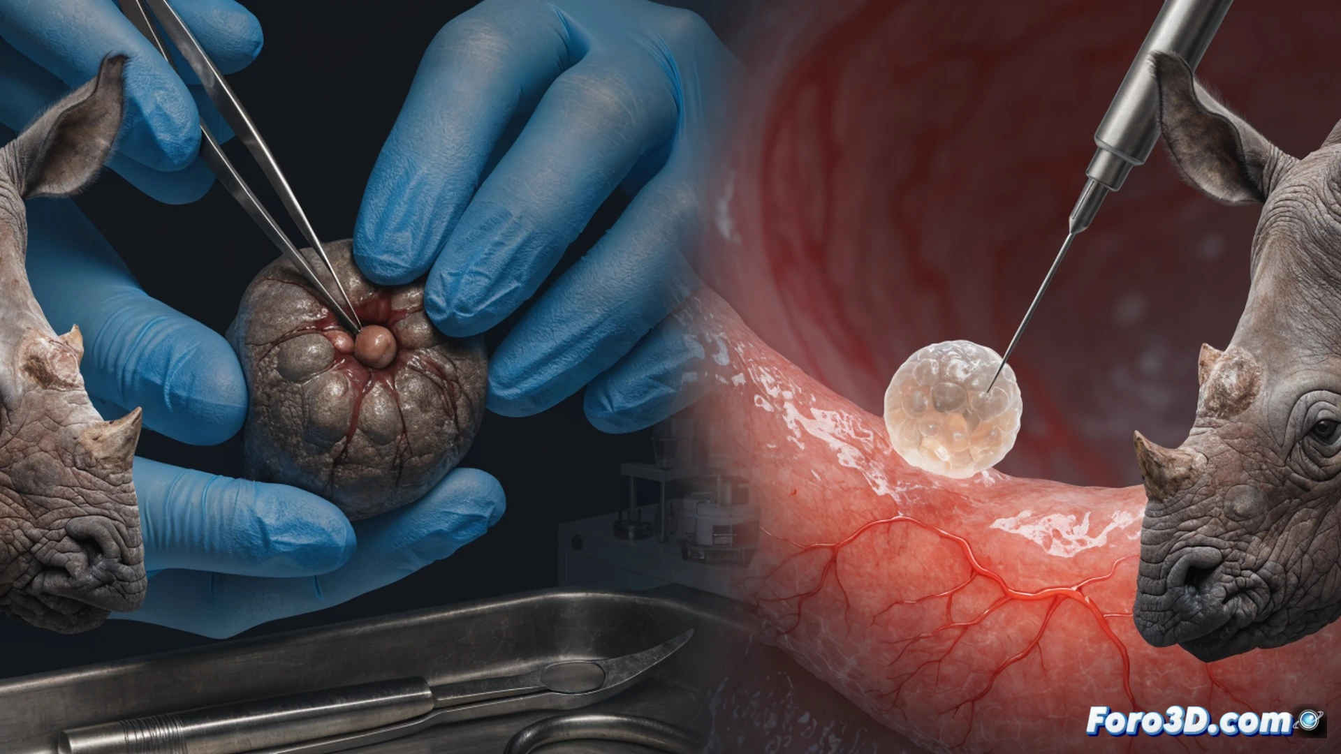 A female Sumatran rhinoceros named Pari sedated in a sterile field laboratory, veterinary team performing an ovum pickup procedure using ultrasound-guided needle aspiration, monitor displaying real-time ovarian follicle imaging, cryopreservation tanks and liquid nitrogen vapor nearby, sterile surgical instruments on a tray, cinematic photorealistic technical illustration, dramatic overhead surgical lighting, sterile blue drapes, intense focus on the medical team's hands and equipment, hyper-detailed textures of rhino skin and medical tools, realistic biological tissue rendering
