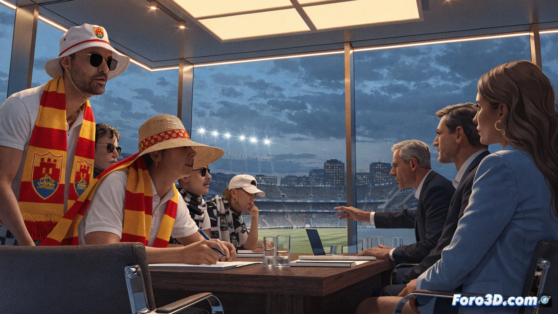 RCD Mallorca executive and fan representatives seated around a modern meeting table, a large digital screen displaying a stadium seating map with highlighted sections and dynamic pricing graphs, a smartphone showing a ticketing app interface resting on the table, hand gestures demonstrating negotiation or explanation, modern office interior with club branding on the wall, natural window light mixing with warm desk lamps, cinematic photorealistic style, professional corporate atmosphere, shallow depth of field focusing on the interaction between the CEO and the fan leaders