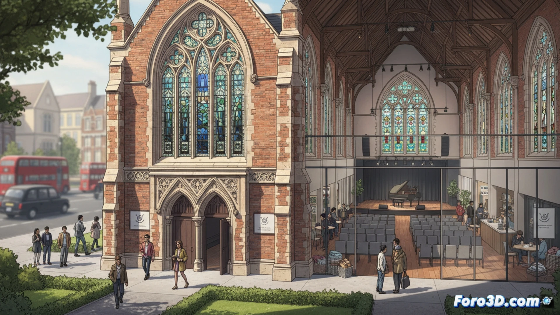 Una imagen del interior restaurado de la Union Chapel: luz dorada filtrándose por vitrales victorianos, bancos de madera pulida frente a un escenario íntimo, con un cartel que anuncia conciertos y servicios para personas sin hogar.