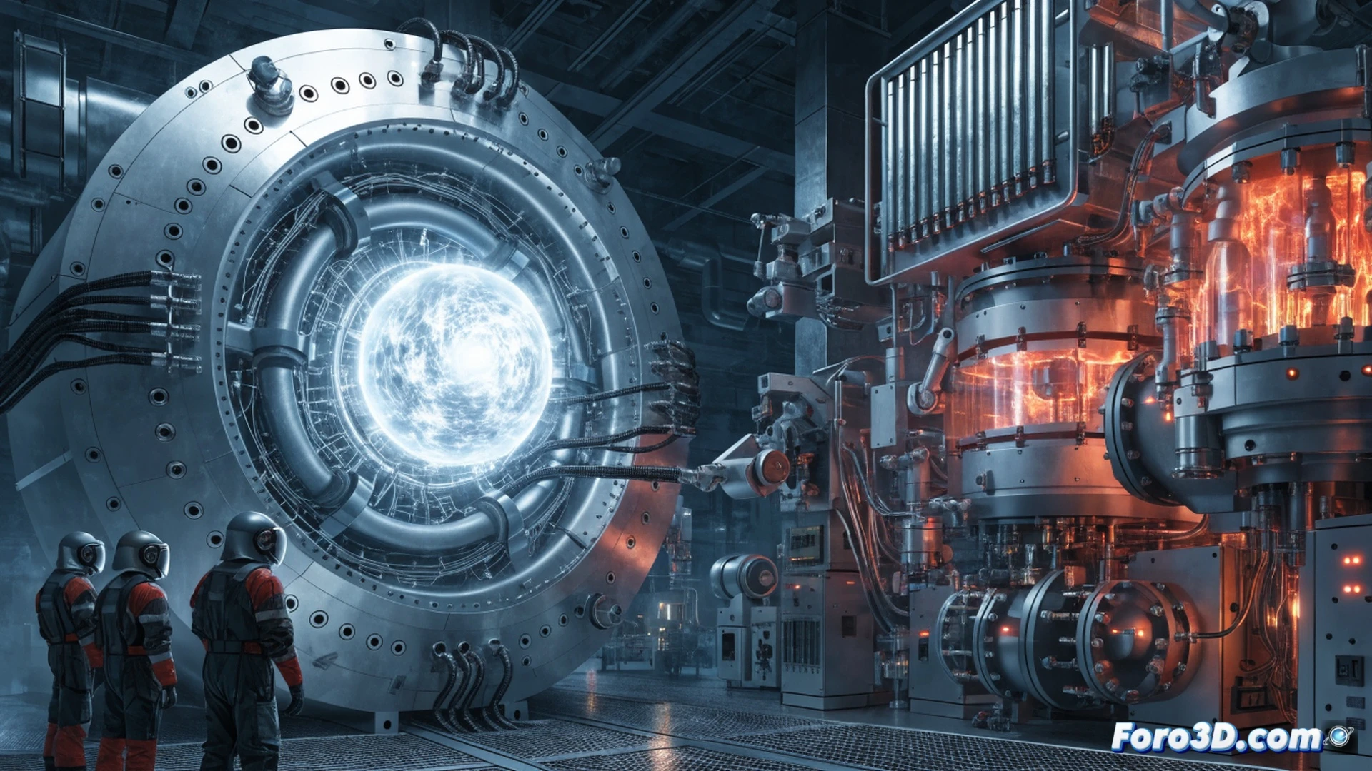 Fusion reactor core simulation inside a university laboratory, researchers adjusting plasma confinement parameters on holographic control panels, magnetic field coils glowing blue around a central tokamak chamber, high-energy particle streams visible as bright plasma arcs during a test, technical engineering visualization, clean metallic surfaces, digital diagnostic screens floating in air showing real-time temperature and pressure data, dramatic low-angle lighting from the reactor glow, ultra-detailed mechanical components, photorealistic cinematic render