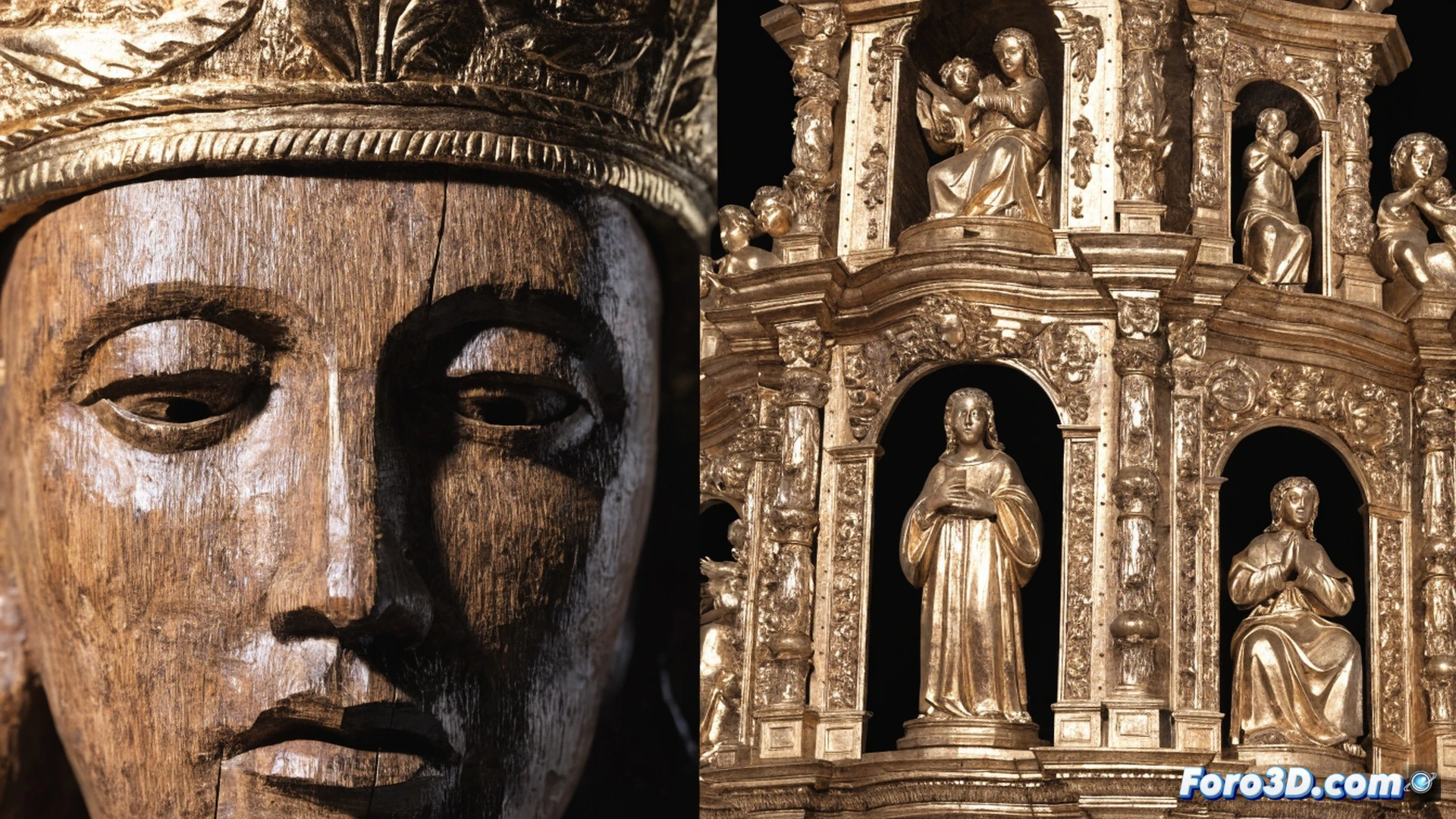 Estudiantes universitarios escaneando una talla de madera policromada del siglo XVI con un escáner láser 3D sobre trípode, mientras una pantalla muestra el modelo digital en tiempo real, otro alumno ajusta parámetros en un portátil con software de fotogrametría, vitrinas con relicarios y custodias doradas al fondo, iluminación tenue de museo con focos LED sobre la pieza, estilo photorealistic technical visualization, sombras suaves, textura detallada de la madera antigua, cables y equipo técnico visibles durante la captura de datos.