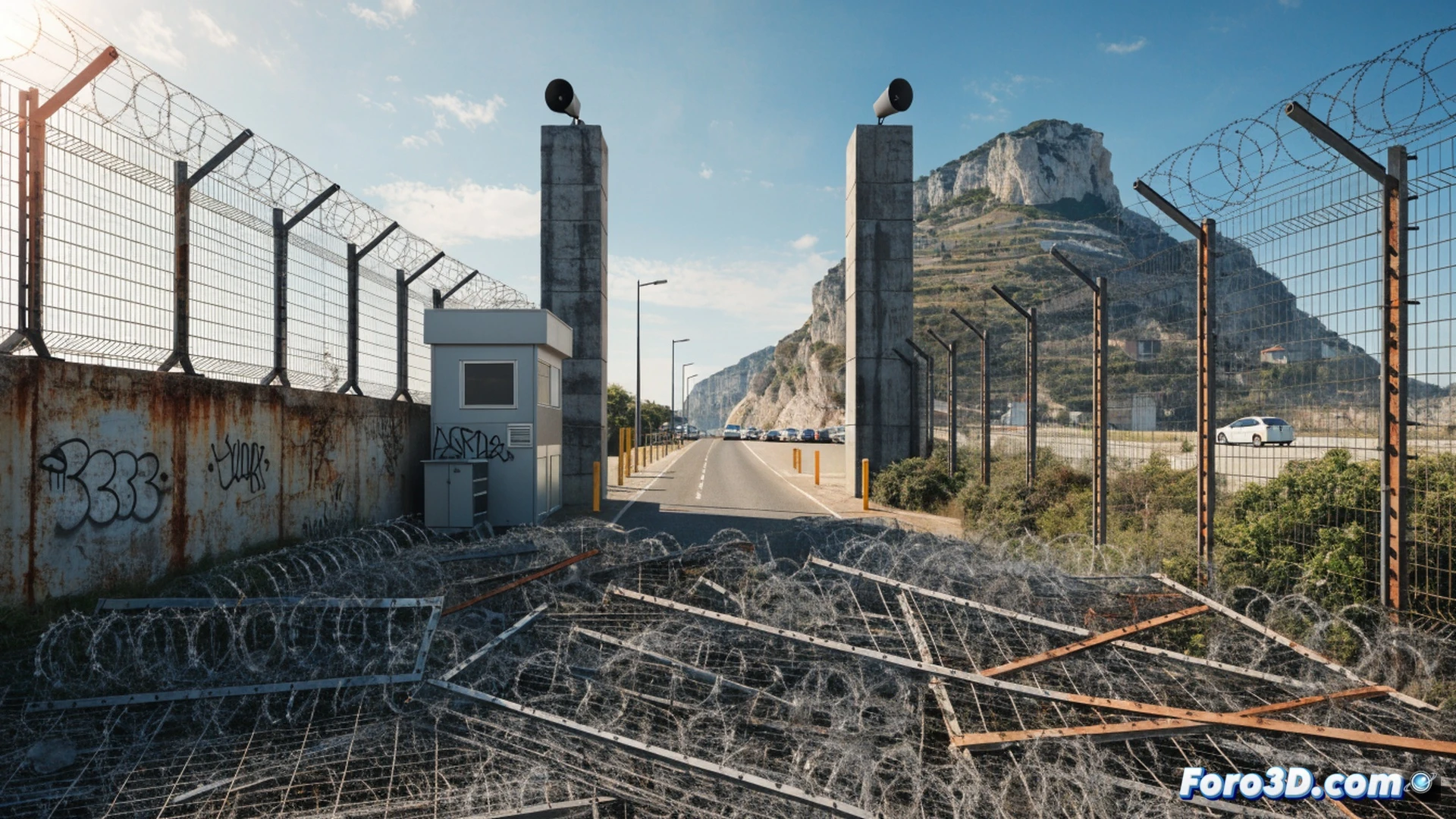 La Verja de Gibraltar siendo desmantelada físicamente, trabajadores retirando barreras metálicas y vallas fronterizas, grúas levantando estructuras de acero, vehículos cruzando libremente sin detenerse, multitud de personas caminando sin obstáculos, mostrando el proceso de eliminación de la infraestructura de control, equipos de construcción y maquinaria pesada en acción, sol brillante sobre el Peñón al fondo, estilo cinematográfico fotorrealista, iluminación natural dramática, cielo despejado, texturas metálicas oxidadas y asfalto pulido, transición hacia un espacio abierto sin barreras, alta definición técnica