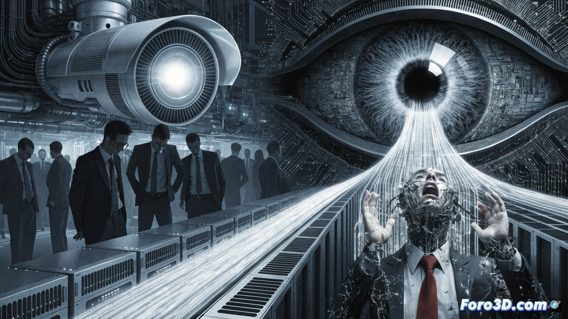 large government surveillance control room, multiple holographic screens displaying encrypted data streams and network nodes, a glowing AI core in the center being breached by its own scanning beams, shadowy figures in suits reacting with alarm as their own biometric data appears exposed on the monitors, cracked glass effect on a central screen showing a mirror reflection of the operators, cold blue and red warning lights, cables and server racks in the background, cinematic photorealistic style, high contrast dramatic lighting, technical illustration of system vulnerability, action moment during a security audit glitch