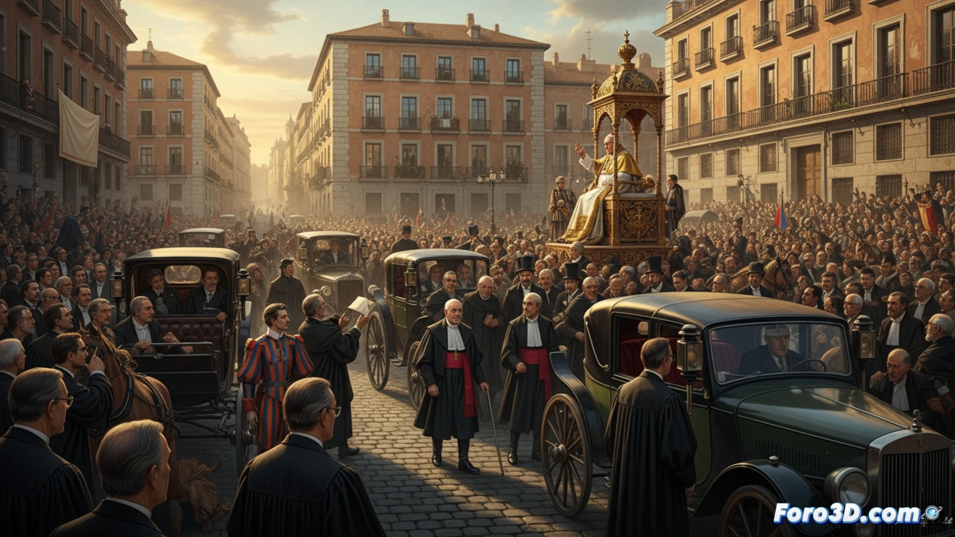Photorealistic urban scene showing a congested Madrid street near the Palacio de Justicia, multiple lawyers in suits hurrying past a traffic jam while consulting smartphones and legal documents, police barriers redirecting vehicles away from a central courthouse entrance, a digital warning sign displaying court schedule disruptions, chaotic pedestrian flow mixing with stalled cars, dramatic midday sunlight casting long shadows, cinematic wide-angle shot emphasizing gridlock and professional urgency, ultra-detailed architectural facades with judicial insignia, realistic crowd density and vehicle reflections.
