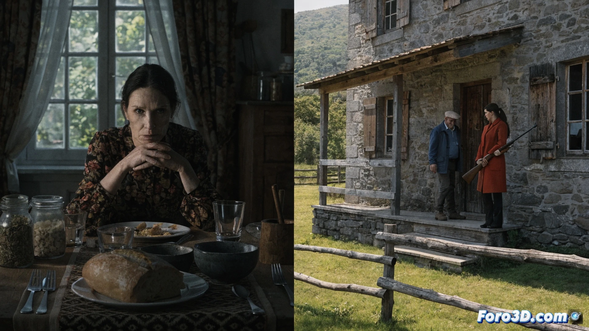 Ama de casa gallega con delantal manchado de barro y sangre, sosteniendo un cuchillo de cocina oxidado frente a un espejo roto en una cocina rural de piedra, mientras su reflejo muestra una sonrisa fría y calculadora, herramientas de labranza oxidadas colgando de un gancho, ventana de madera entreabierta mostrando un paisaje brumoso de aldeas gallegas, estilo cinematográfico de thriller psicológico, iluminación tenue con foco de luz natural entrando por la ventana, textura rugosa de paredes de granito, atmósfera opresiva y silenciosa, photorealistic render con grano de película