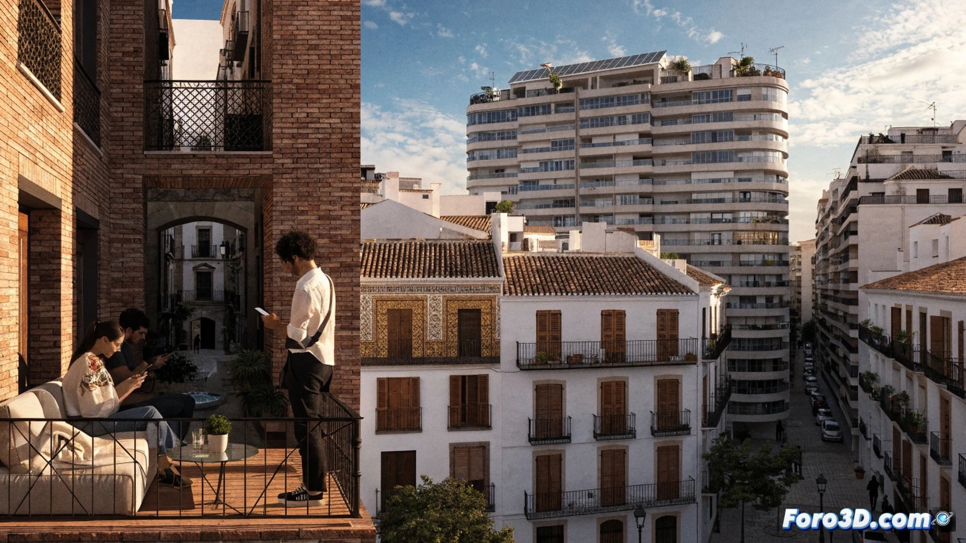 Andalusian city street scene with a modern apartment building under construction, a young couple examining a financial tablet showing a rising price graph while a real estate agent points to a sold sign, construction crane lifting a heavy steel beam above, brickwork and scaffolding visible, photorealistic architectural visualization, bright Mediterranean sunlight casting long shadows, urban skyline background, detailed building materials and tools, cinematic composition with dramatic depth of field, technical illustration style, ultra-realistic textures, high-contrast lighting, financial pressure implied through body language