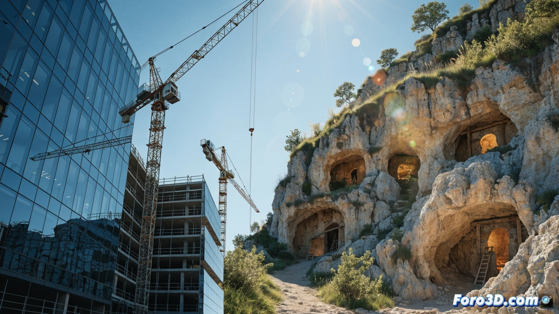 photorealistic architectural contrast scene, left side showing a modern glass skyscraper with massive HVAC units on roof expelling hot air, right side revealing a cross-section of ancient troglodyte dwelling carved into rock with stable 22-degree temperature indicator glowing on a digital monitoring tablet held by a construction worker, split composition during a scorching heatwave with heat haze distorting the glass building, while the cave interior shows cool stone walls and passive ventilation shafts, engineering visualization style, dramatic sunlight casting long shadows, hyper-detailed textures of glass reflections and porous rock, industrial climate sensors attached to both structures, cinematic lighting with warm orange on the glass tower and cool blue tones inside the cave, technical illustration aesthetic