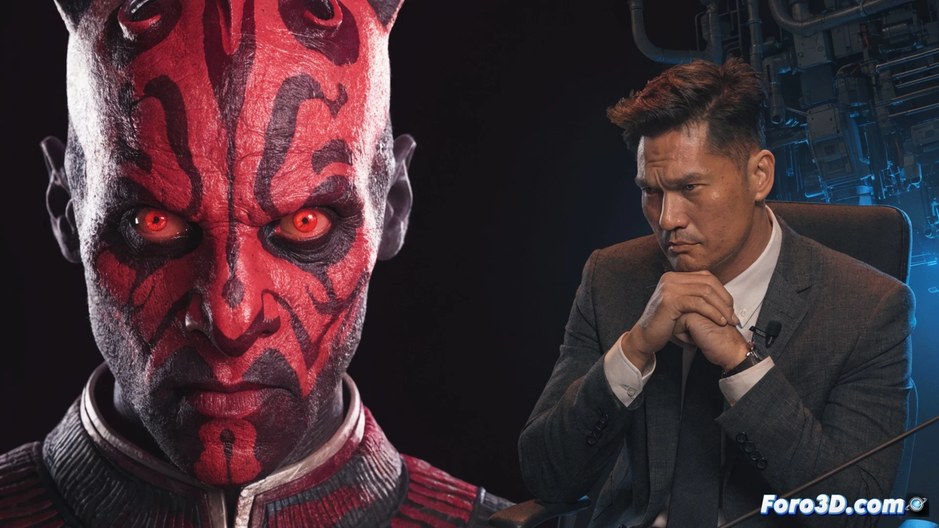 Darth Maul actor en estudio de grabación frente a micrófono profesional, expresión de frustración mientras sostiene guión arrugado, boceto conceptual del personaje con diseño rechazado en pantalla digital, comparación salarial escrita en pizarra técnica con cifras tachadas, foto de James Earl Jones en monitor secundario, reflejo de George Lucas en vidrio del panel de control, cables de audio desconectados en el suelo, luces rojas de advertencia parpadeando, cinematic technical illustration, photorealistic studio lighting, sombras dramáticas, textura de piel sintética en maqueta cercana, atmósfera industrial y tensa, ultra-detailed equipment racks