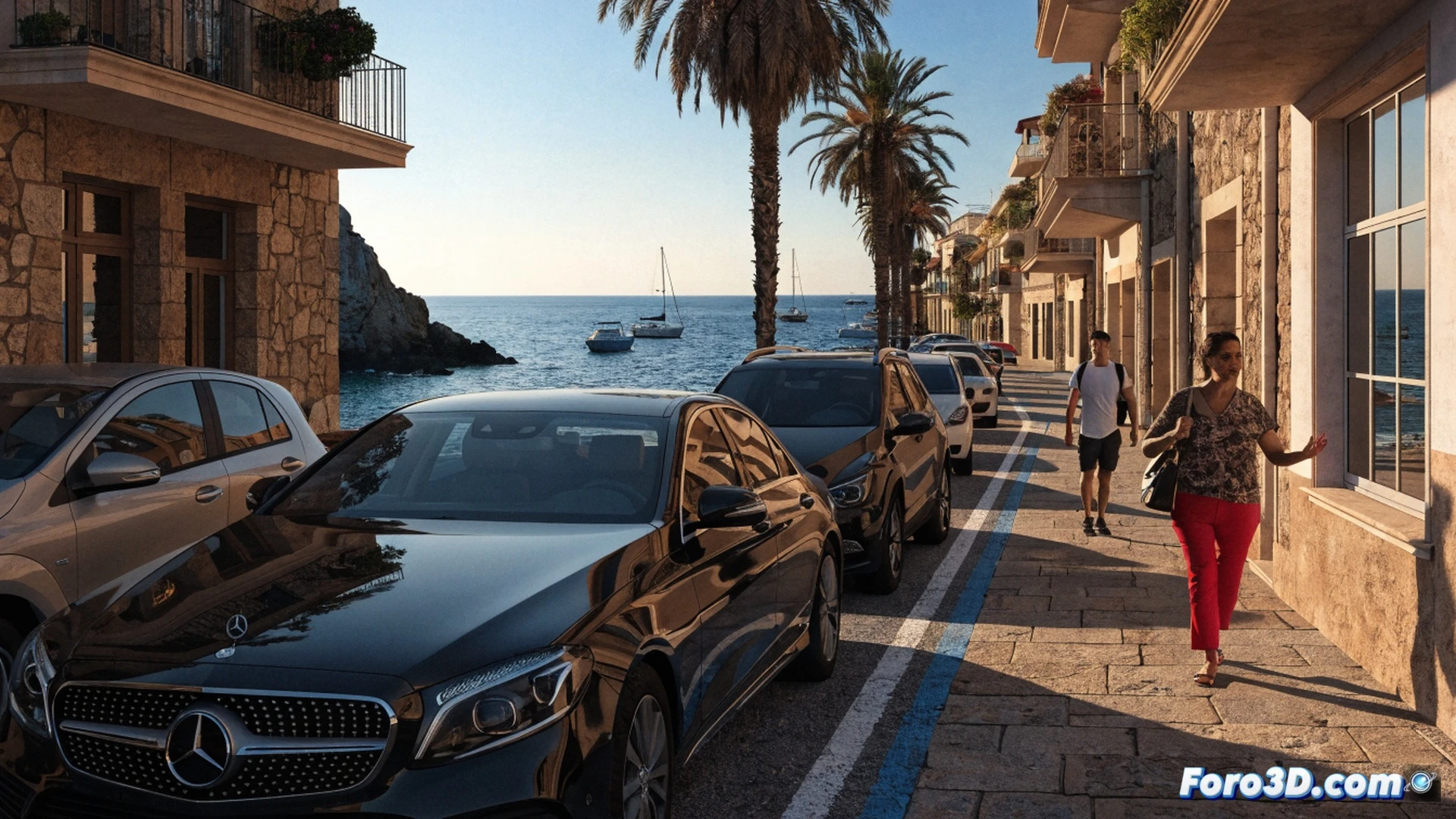 photorealistic beachfront parking scene in La Pineda, a frustrated resident gesturing at a parked car while holding a parking ticket, another person pointing at a license plate registration sticker on a window, crowded cars lining the coastal street, a parking meter displaying a red zone indicator, tension visible in body language, bright Mediterranean sunlight casting long shadows, technical illustration style with clear architectural details of seaside buildings and vehicles, cinematic composition with deep depth of field