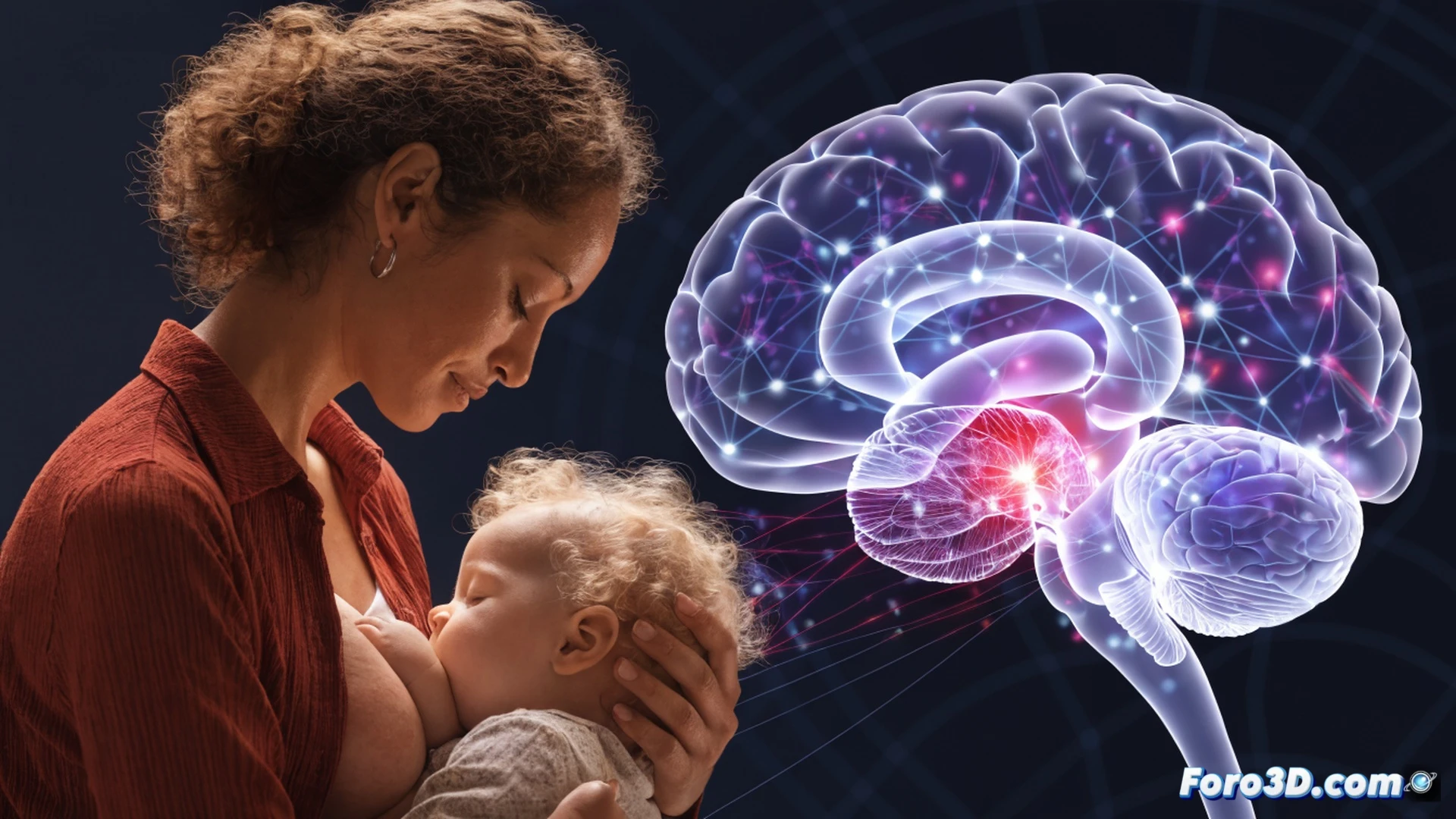 photorealistic scene of a mother breastfeeding a baby in a calm home setting, while a transparent glowing brain hologram above the infant shows neural pathways lighting up, small DNA helix symbols floating nearby, digital medical chart with brain wave graphs on a tablet beside them, soft clinical lighting, warm skin tones, subtle blue and pink neon highlights on the holographic elements, demonstrating the process of neurodevelopment support during lactation, ultra-detailed textures, cinematic composition
