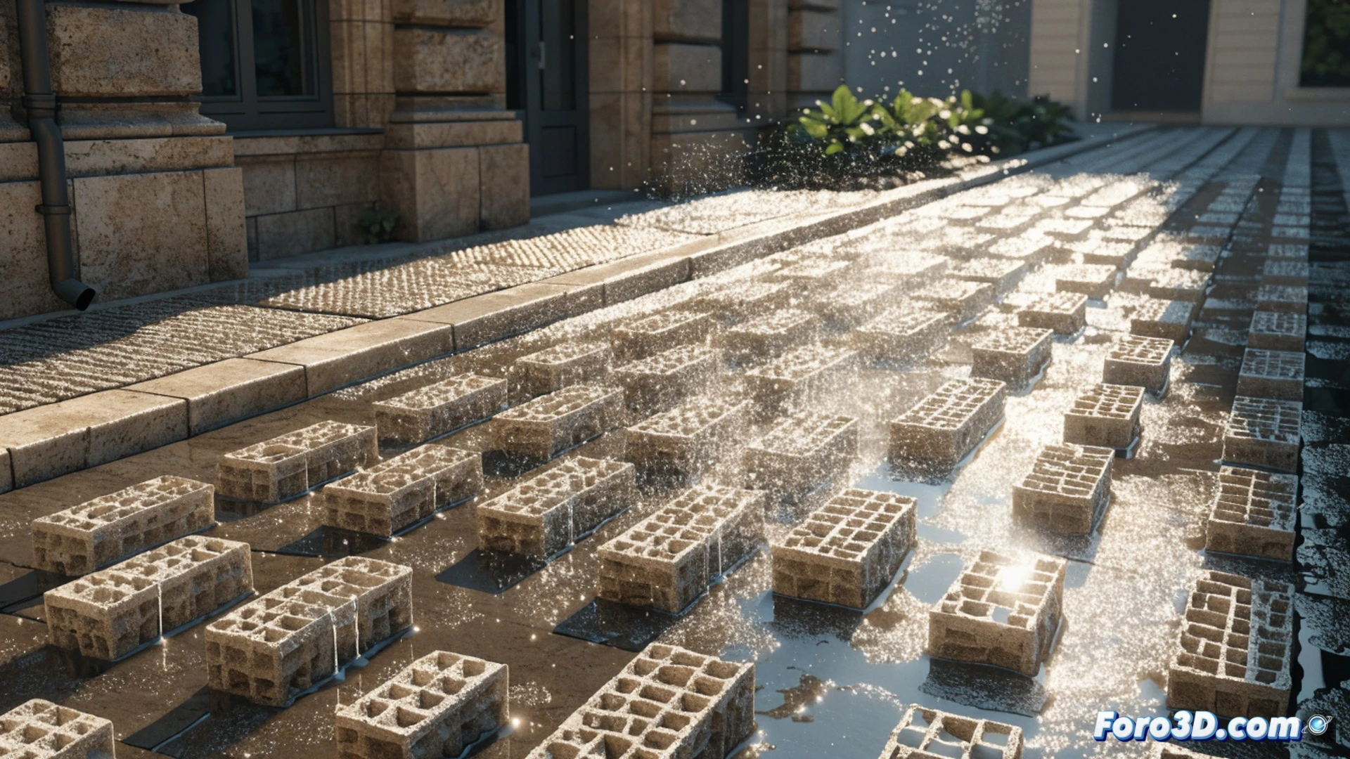 photorealistic technical illustration of a 3D-printed brick on a sunlit street surface, water droplets slowly evaporating from its porous structure, infrared heat waves rising from surrounding asphalt while the brick remains visibly cooler, cross-section showing internal capillary channels absorbing moisture from a puddle, solar rays hitting the brick surface, steam gently rising, cinematic engineering visualization, macro view of the brick texture with layered printing lines, water absorption process demonstrated through blue tinted moisture paths, dramatic contrast between hot pavement and cooling brick, ultra-detailed material finishes, realistic lighting with warm sunlight and cool evaporative glow