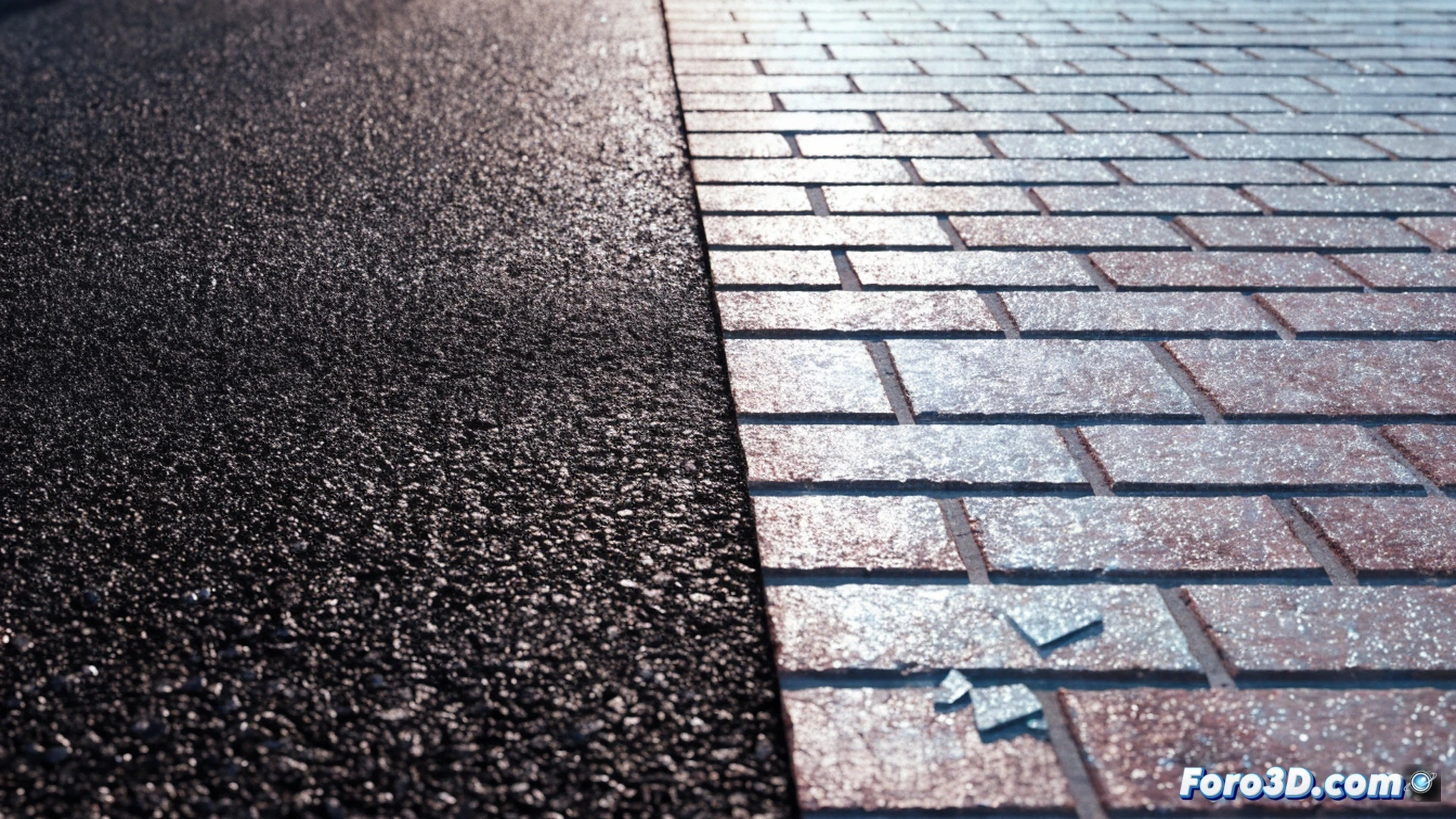 photorealistic scene of a city street at midday, left side showing dark asphalt absorbing heat with visible thermal waves rising, right side with reflective brick pavement cooling naturally, a thermometer on the ground showing temperature difference, surface moisture evaporating from the bricks, workers installing bricks with tools, solar radiation arrows bouncing off the light-colored surface, cinematic lighting, ultra-detailed textures of bricks and asphalt, technical engineering illustration style, dynamic contrast between hot and cold zones