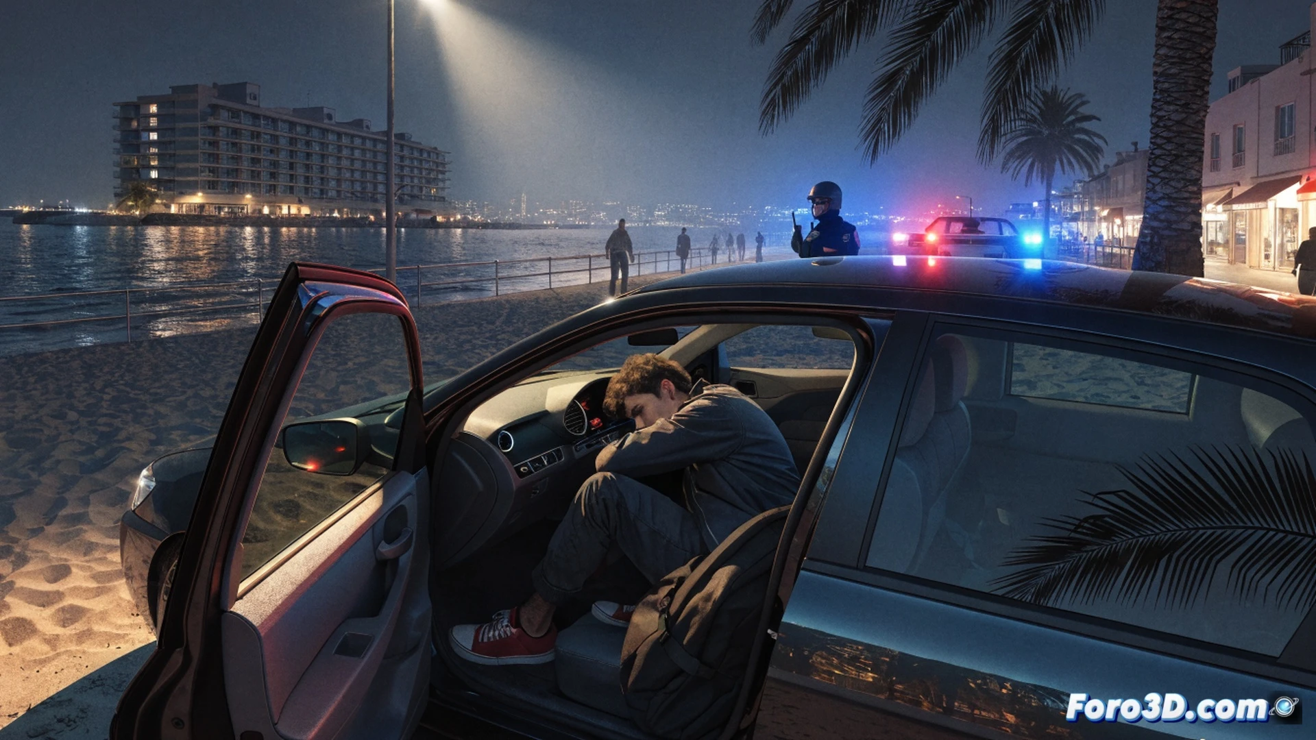 photorealistic scene of a parked car with its trunk open on a sunny Playa de Palma street, a police officer holding a recovered backpack while pointing at a tracking device screen on a smartphone, the suspect asleep in the driver seat with a handcuff visible, GPS signal path glowing as a dotted line from the beach to the car, beach umbrellas and tourists in background, cinematic lighting with golden hour shadows, ultra-detailed textures on the phone screen showing a map pin, dramatic law enforcement aesthetic, technical crime scene visualization